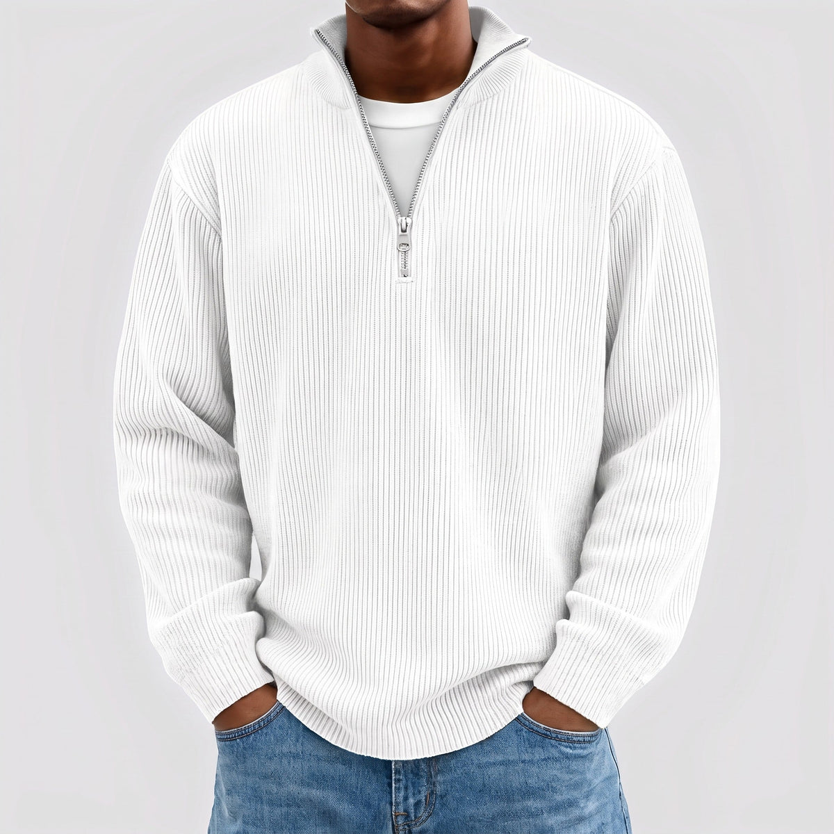 Marcus - Men's Quarter-Zip Ribbed Jumper with Standing Collar - White - Davies & Cooper