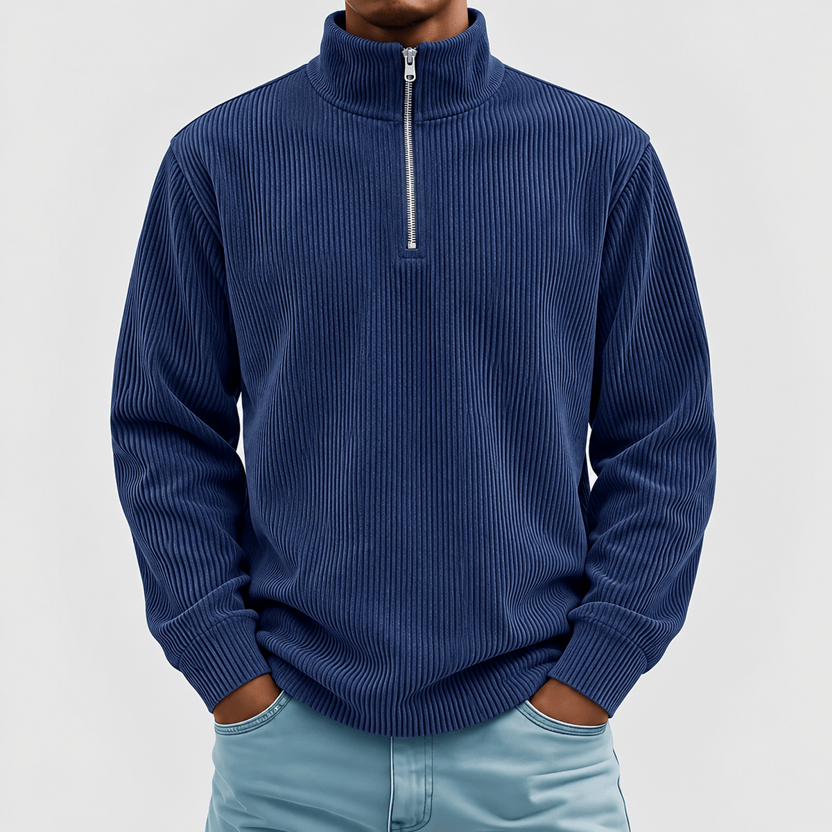 Marcus - Men's Quarter-Zip Ribbed Jumper with Standing Collar - Navy - Davies & Cooper