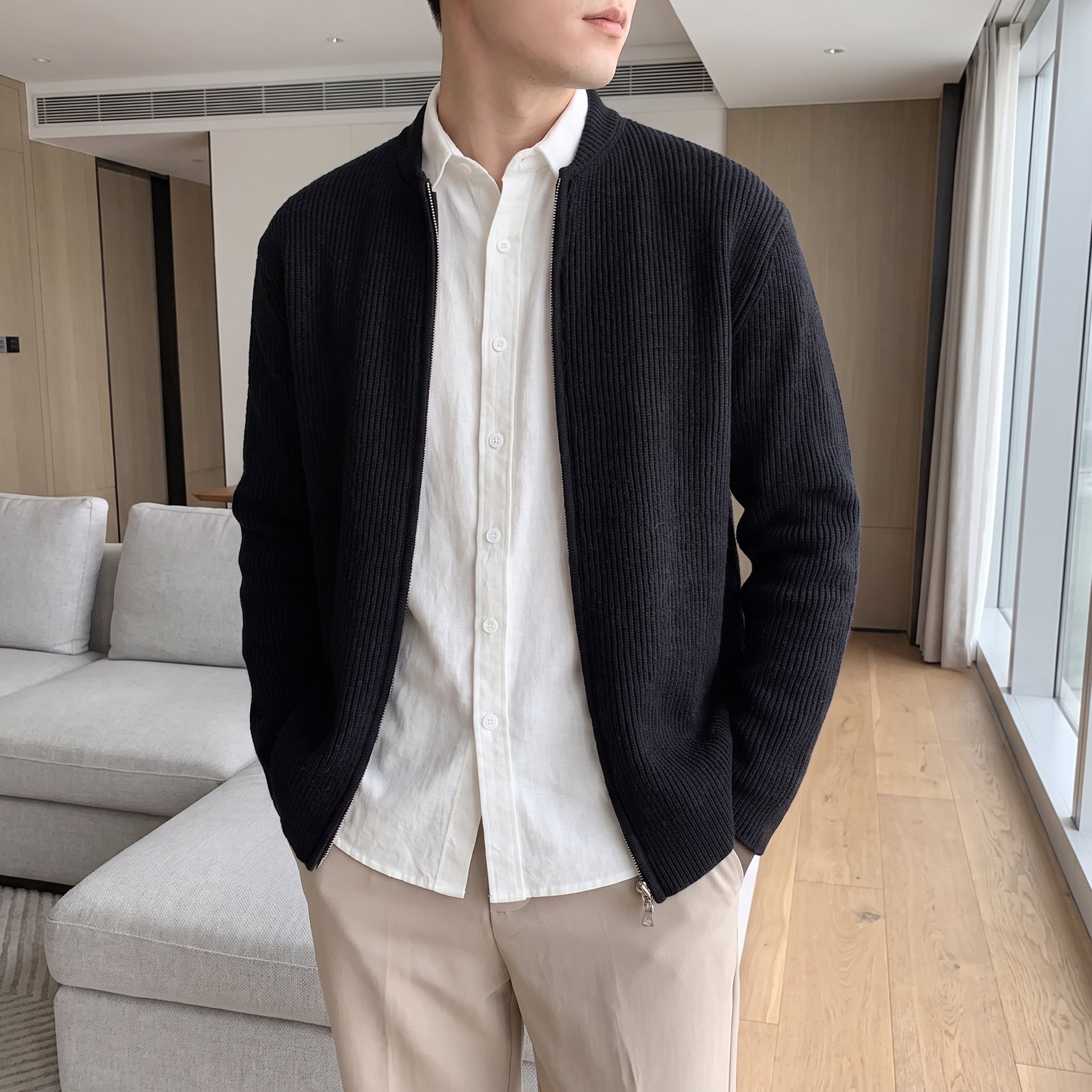Marcus - Men's Ribbed Zip-Up Cardigan with Bomber Collar - Cardigans - Black - Davies & Cooper
