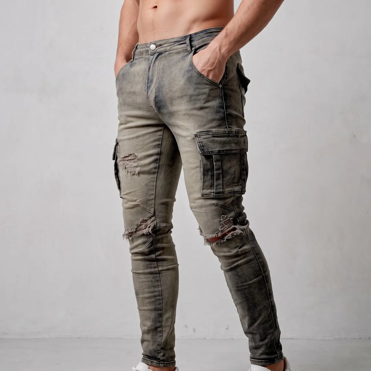 Marcus - Men's Slim Fit Cargo Jeans with Multiple Pockets - Jeans - Khaki - Davies & Cooper