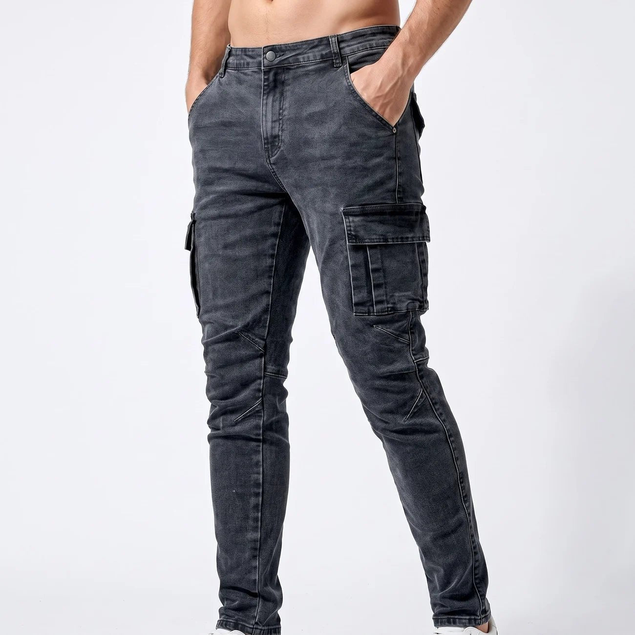 Marcus - Men's Slim Fit Cargo Jeans with Multiple Pockets - Jeans - Grey - Davies & Cooper