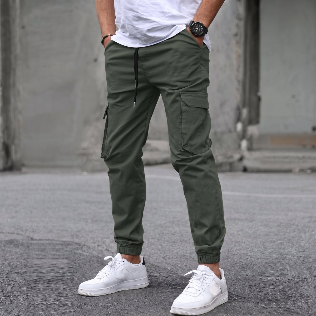 Marcus - Men's Slim Fit Cargo Joggers with Drawstring Waist - Joggers - Green - Davies & Cooper