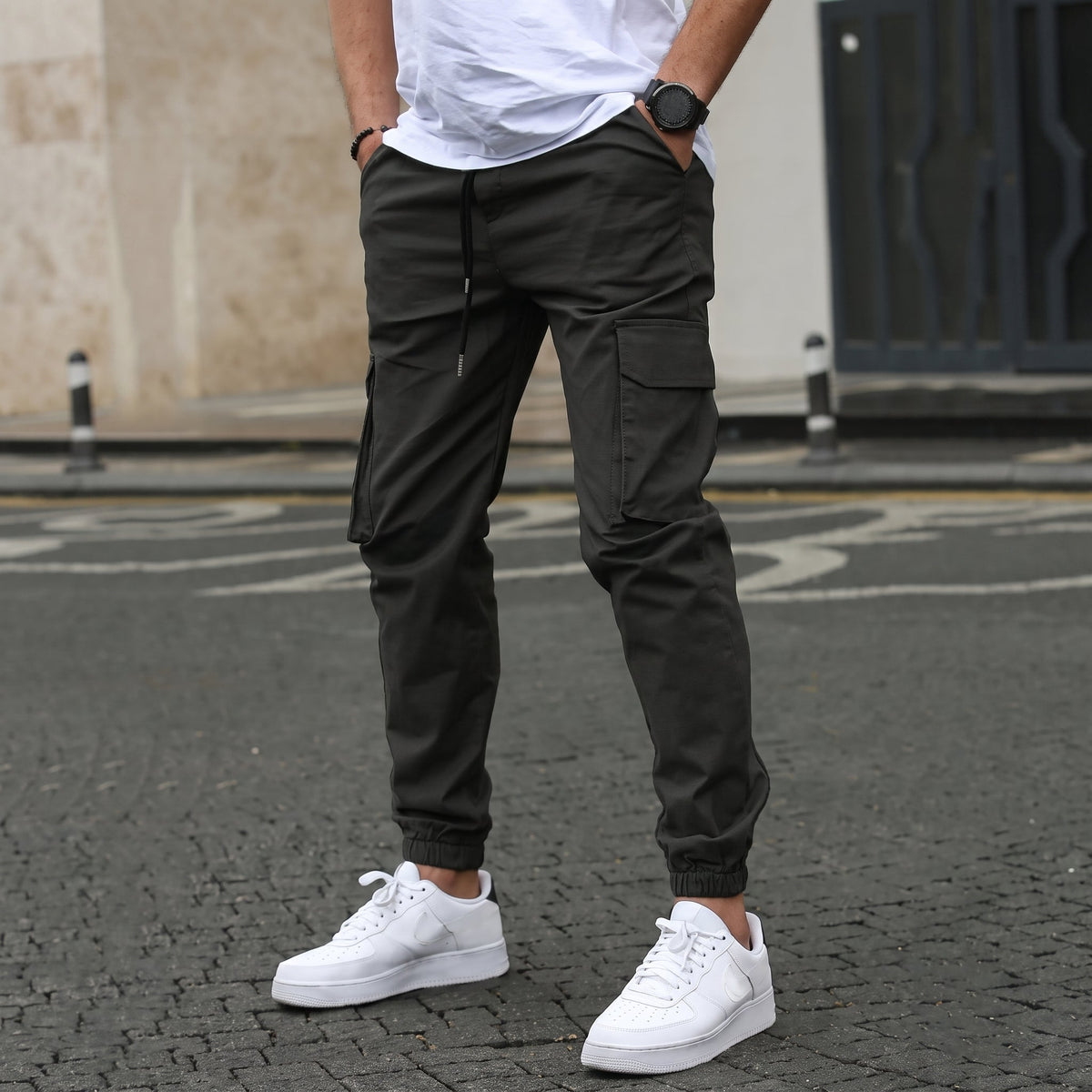 Marcus - Men's Slim Fit Cargo Joggers with Drawstring Waist - Joggers - Black - Davies & Cooper