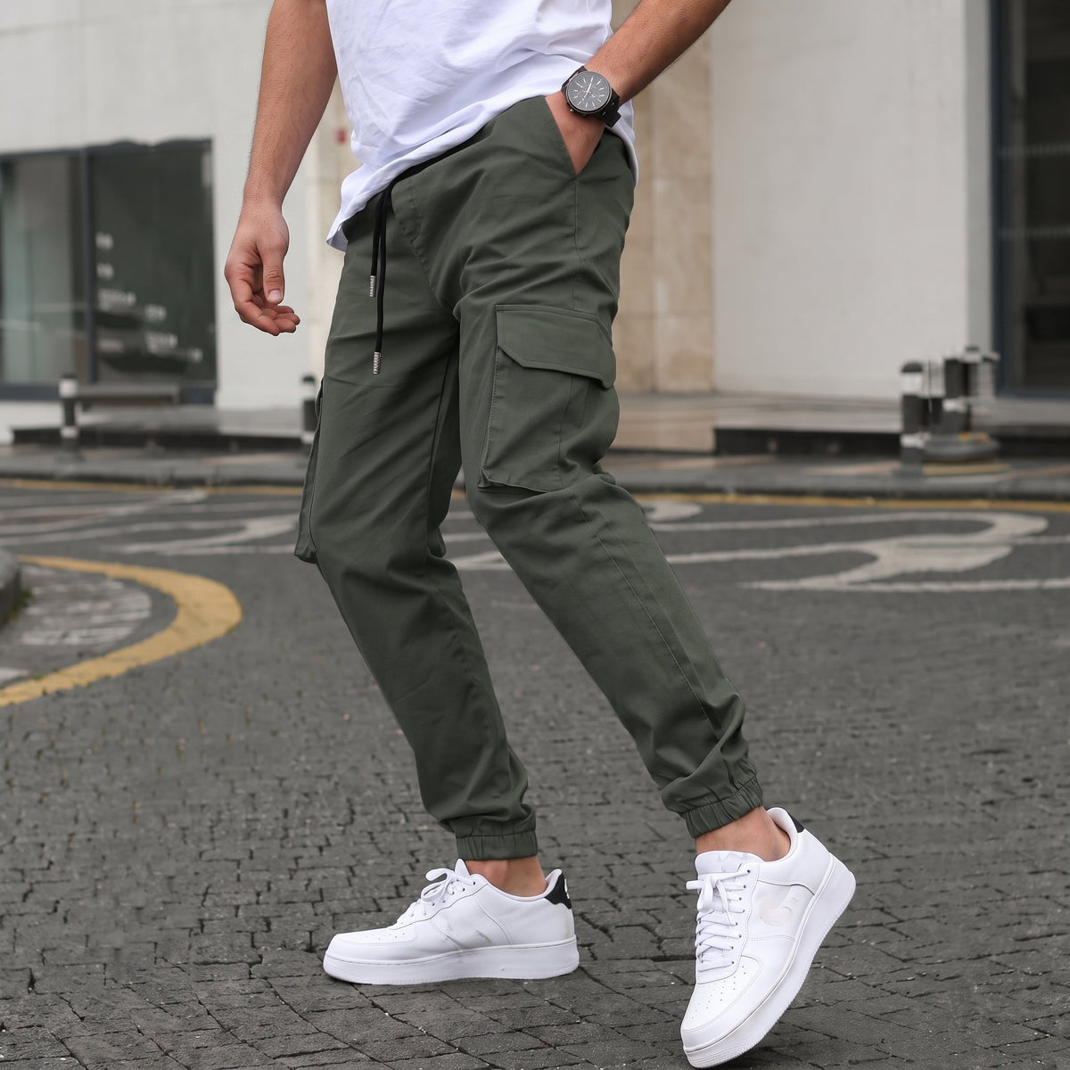 Marcus - Men's Slim Fit Cargo Joggers with Drawstring Waist - Joggers - Green - Davies & Cooper