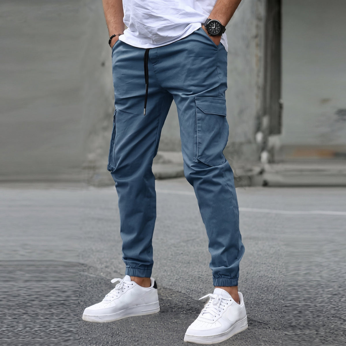 Marcus - Men's Slim Fit Cargo Joggers with Drawstring Waist - Joggers - Blue - Davies & Cooper