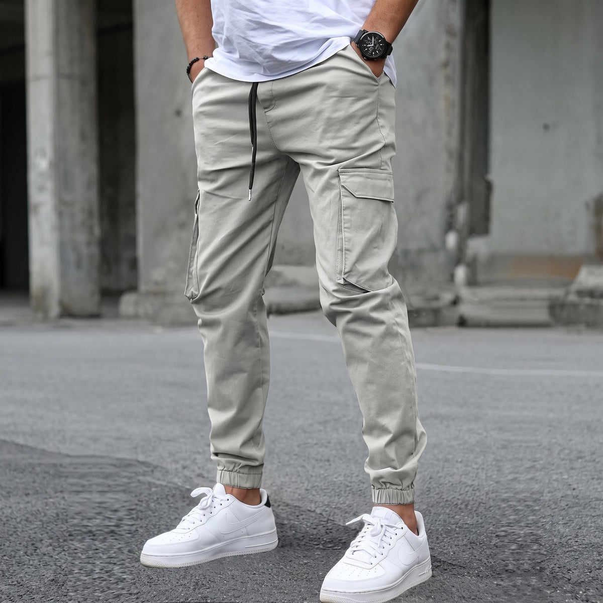 Marcus - Men's Slim Fit Cargo Joggers with Drawstring Waist - Joggers - Light Grey - Davies & Cooper