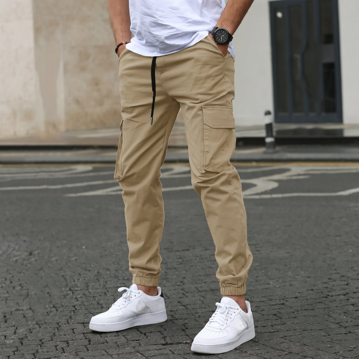 Marcus - Men's Slim Fit Cargo Joggers with Drawstring Waist - Joggers - Beige - Davies & Cooper