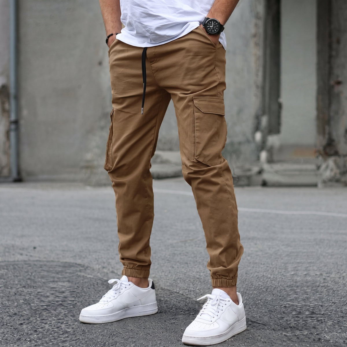 Marcus - Men's Slim Fit Cargo Joggers with Drawstring Waist - Joggers - Dark Brown - Davies & Cooper