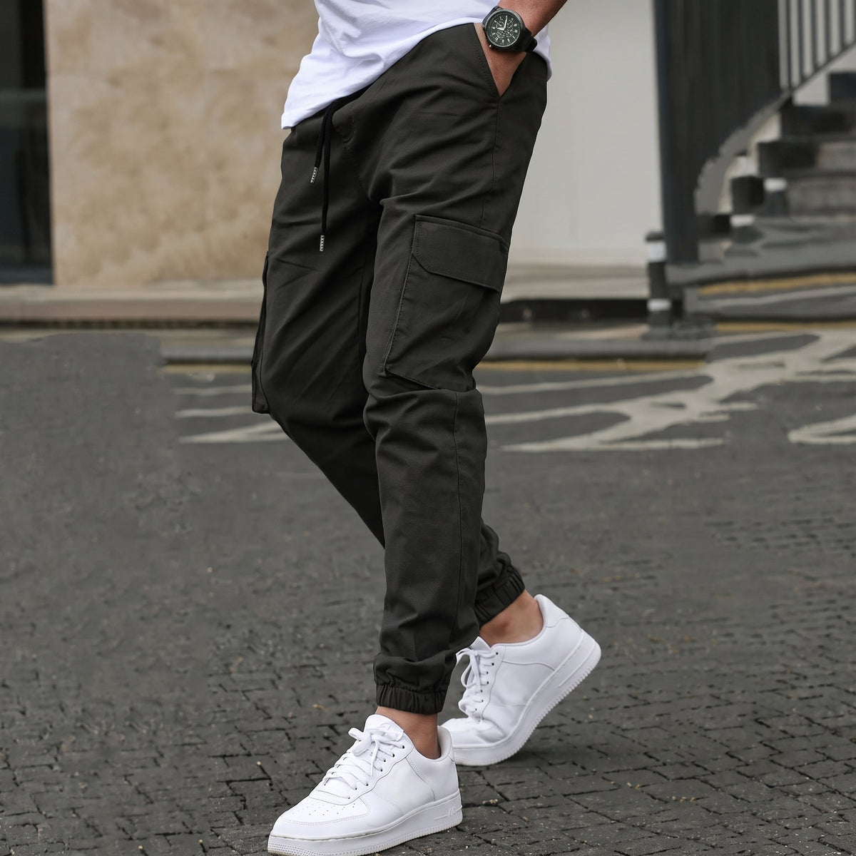 Marcus - Men's Slim Fit Cargo Joggers with Drawstring Waist - Joggers - Black - Davies & Cooper