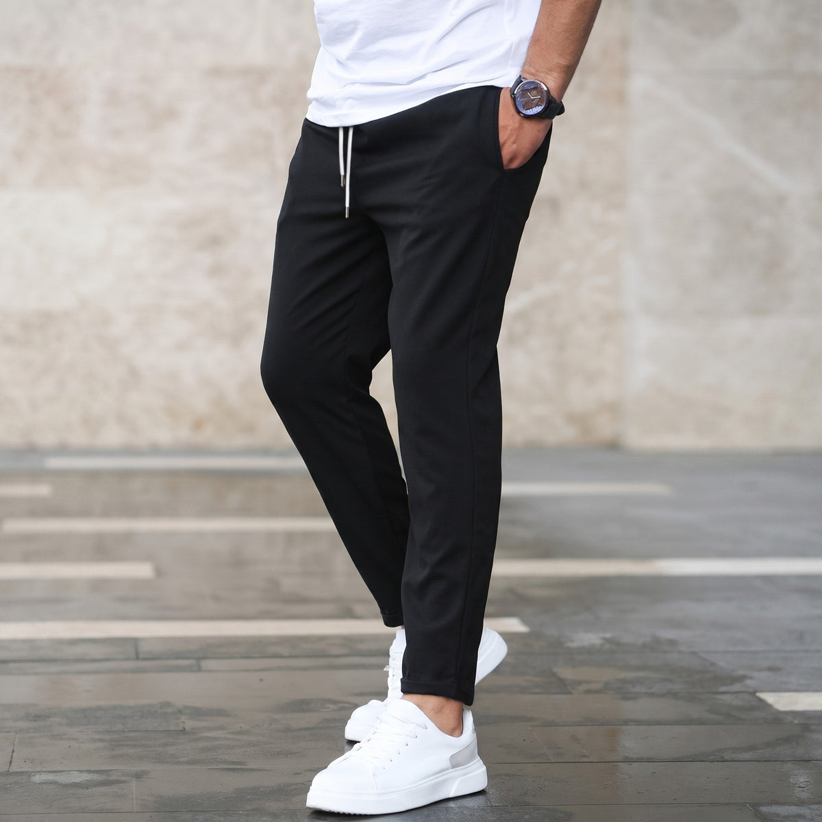 Marcus - Men's Slim Fit Elasticated Waist Jogger Trousers with Drawstring - Joggers - Black - Davies & Cooper