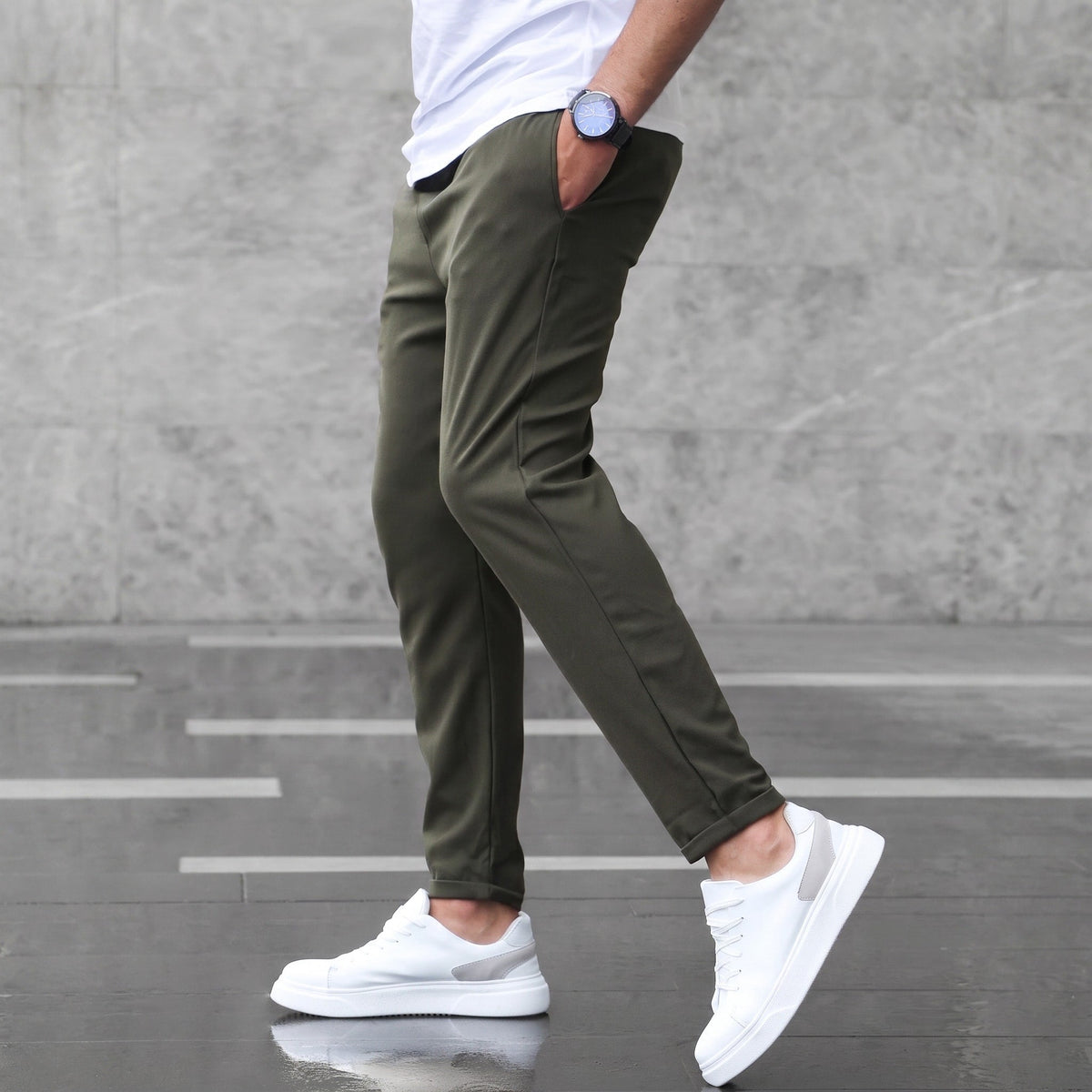 Marcus - Men's Slim Fit Elasticated Waist Jogger Trousers with Drawstring - Joggers - Army Green - Davies & Cooper