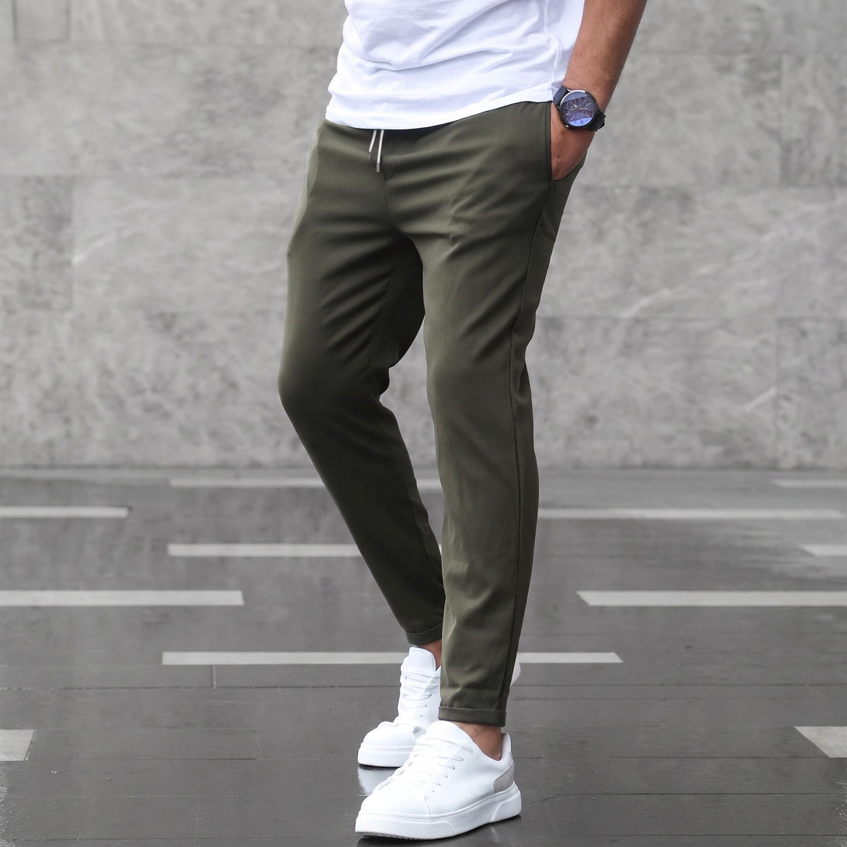 Marcus - Men's Slim Fit Elasticated Waist Jogger Trousers with Drawstring - Joggers - Army Green - Davies & Cooper