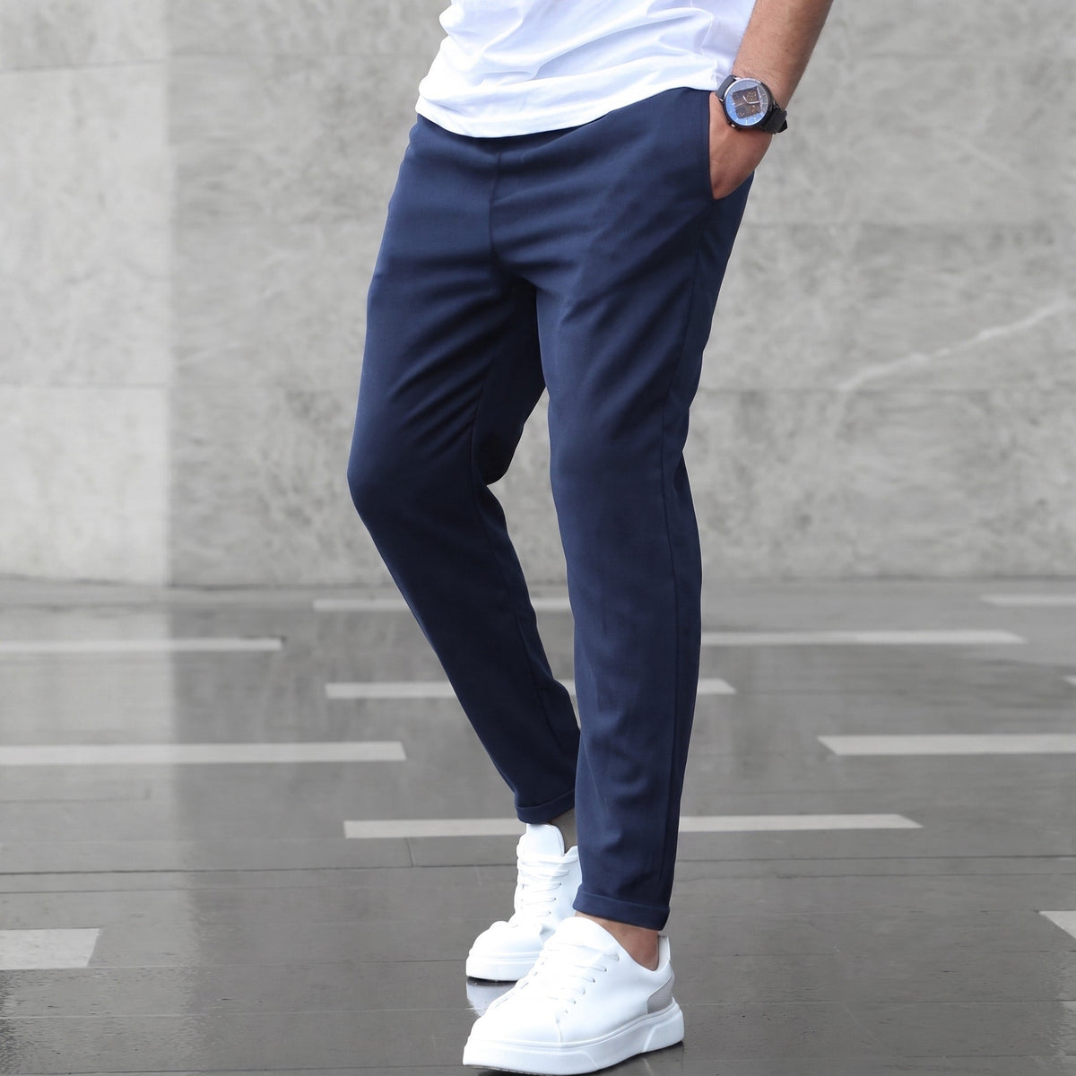 Marcus - Men's Slim Fit Elasticated Waist Jogger Trousers with Drawstring - Joggers - Navy Blue - Davies & Cooper