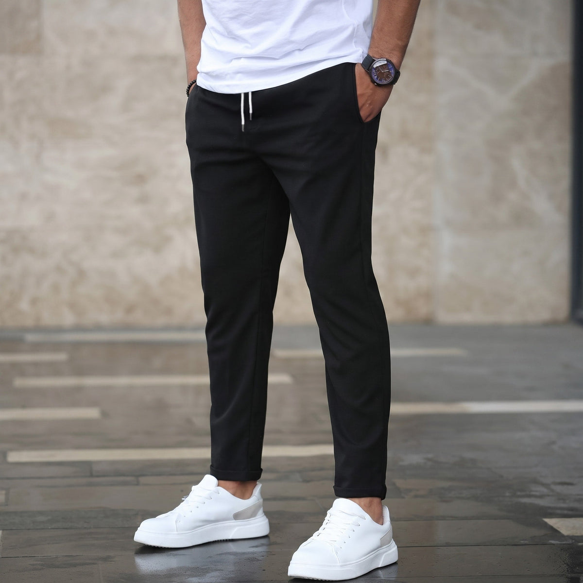Marcus - Men's Slim Fit Elasticated Waist Jogger Trousers with Drawstring - Joggers - Black - Davies & Cooper