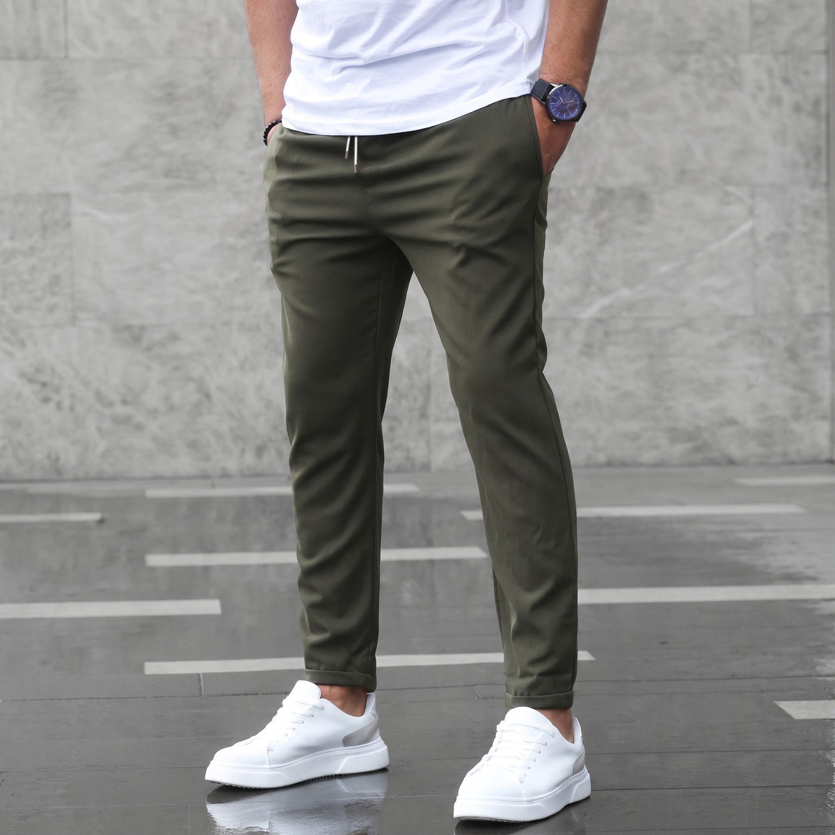 Marcus - Men's Slim Fit Elasticated Waist Jogger Trousers with Drawstring - Joggers - Army Green - Davies & Cooper