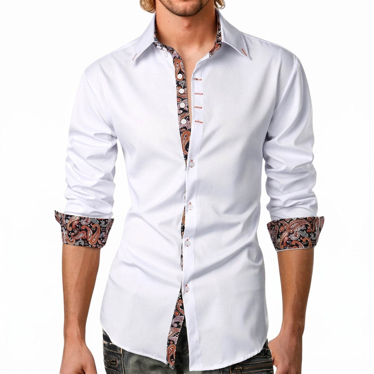 Marcus - Men's Slim Fit Long Sleeve Shirt with Paisley Trim - Shirts - White - Davies & Cooper