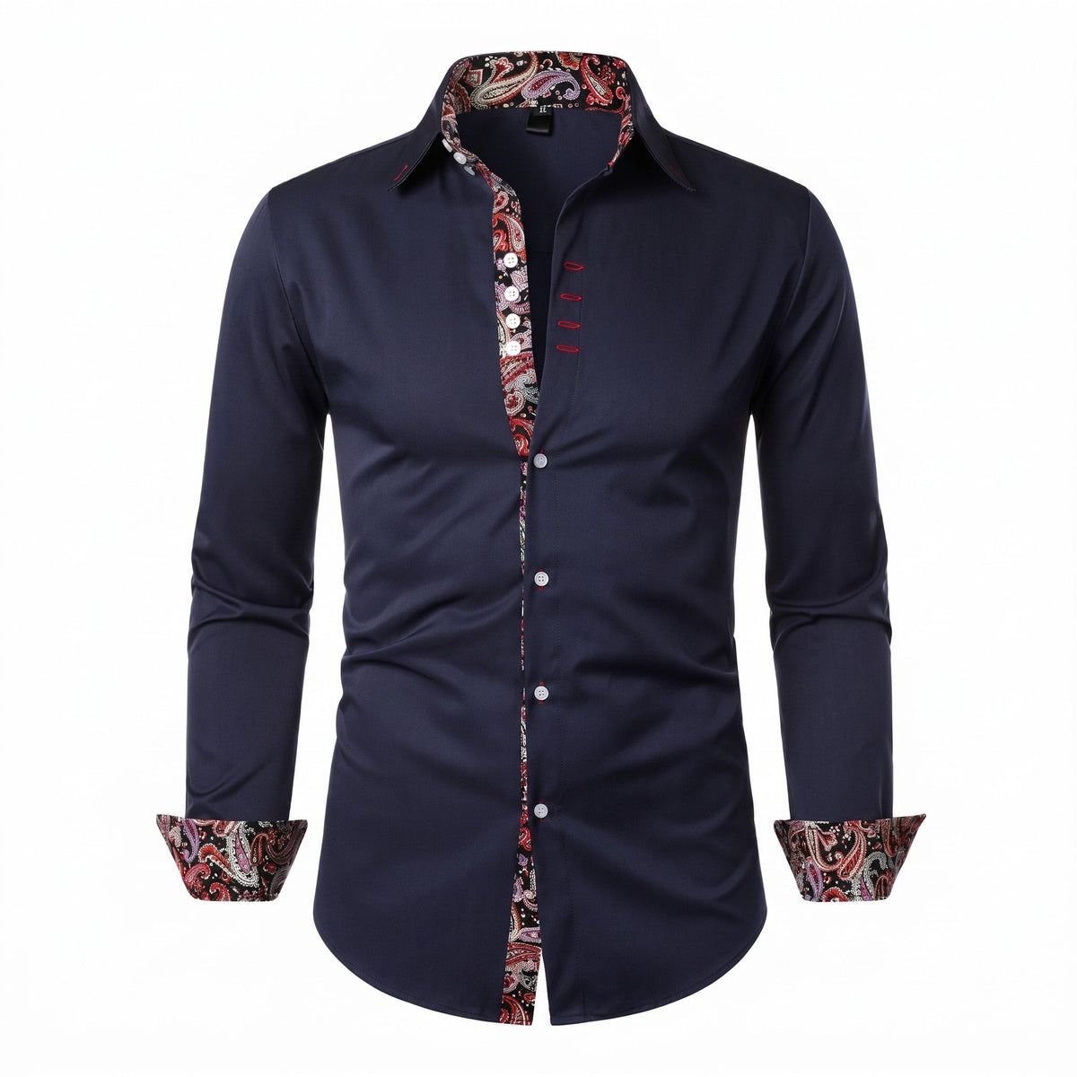 Marcus - Men's Slim Fit Long Sleeve Shirt with Paisley Trim - Shirts - Navy Blue - Davies & Cooper