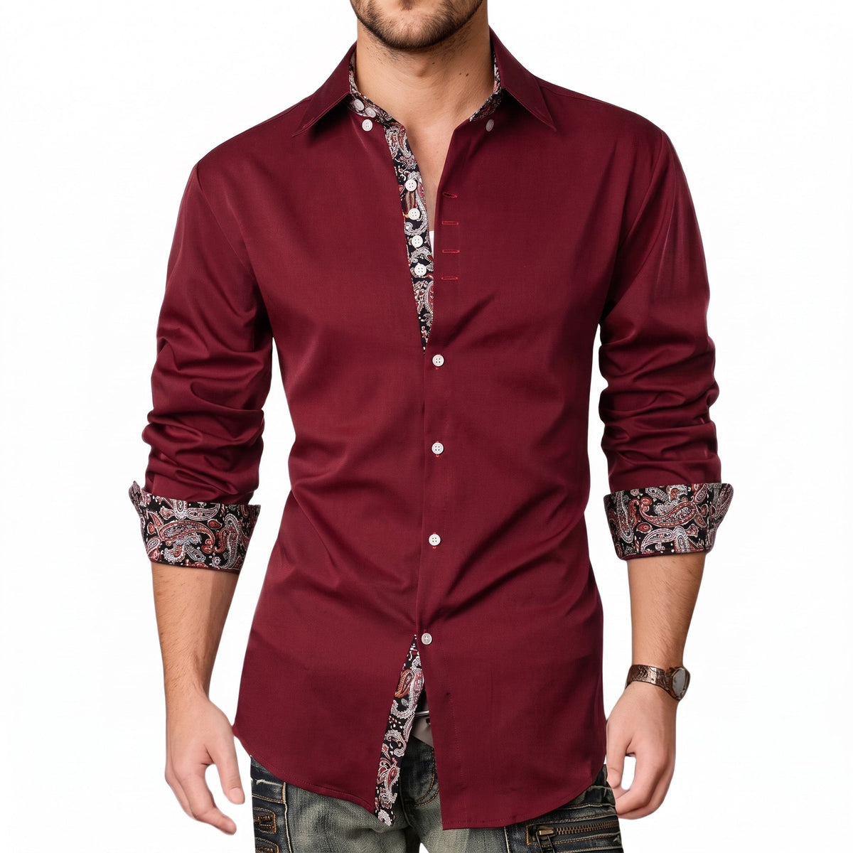 Marcus - Men's Slim Fit Long Sleeve Shirt with Paisley Trim - Shirts - Burgundy - Davies & Cooper