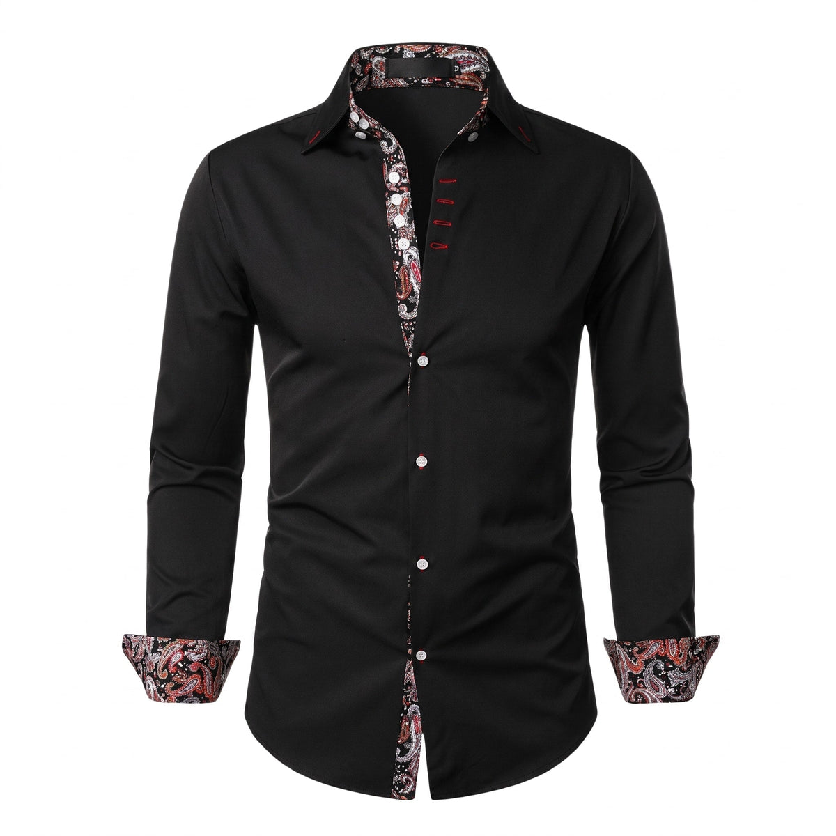 Marcus - Men's Slim Fit Long Sleeve Shirt with Paisley Trim - Shirts - Black - Davies & Cooper