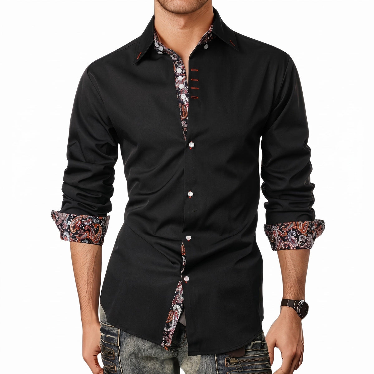 Marcus - Men's Slim Fit Long Sleeve Shirt with Paisley Trim - Shirts - Black - Davies & Cooper