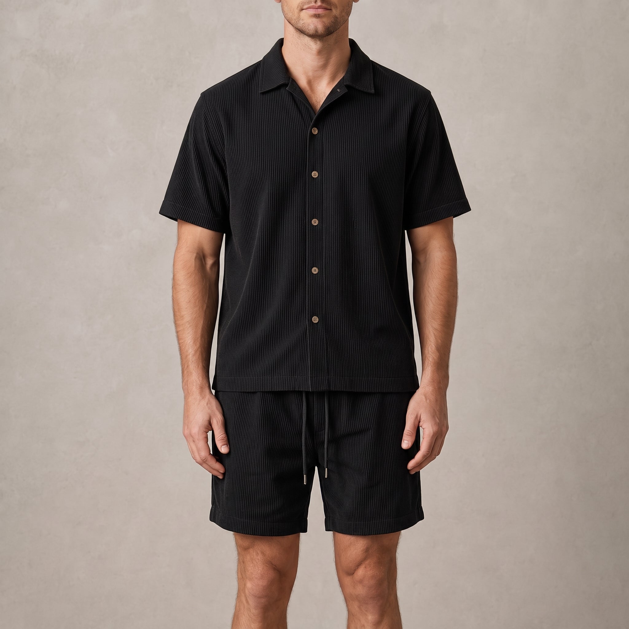 Marcus - Men's Summer Ribbed Camp Collar Co-ord Set - Outfit Sets - Black - Davies & Cooper