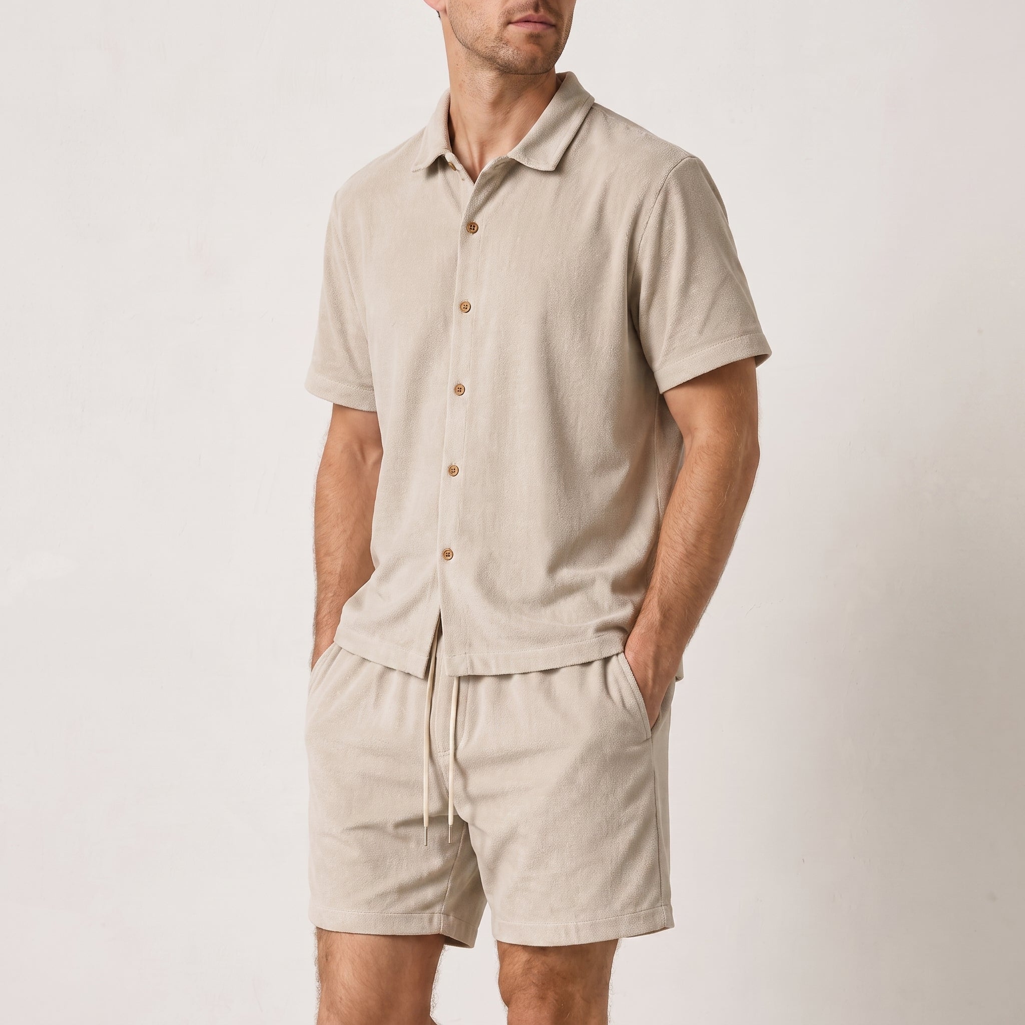 Marcus - Men's Summer Ribbed Camp Collar Co-ord Set - Outfit Sets - Beige - Davies & Cooper
