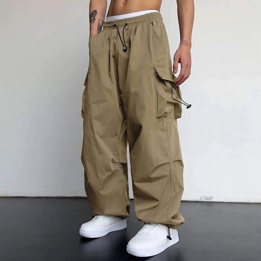 Marcus - Men's Wide-Leg Cargo Trousers with Drawstring Waist - Cargo Pants - Khaki - Davies & Cooper
