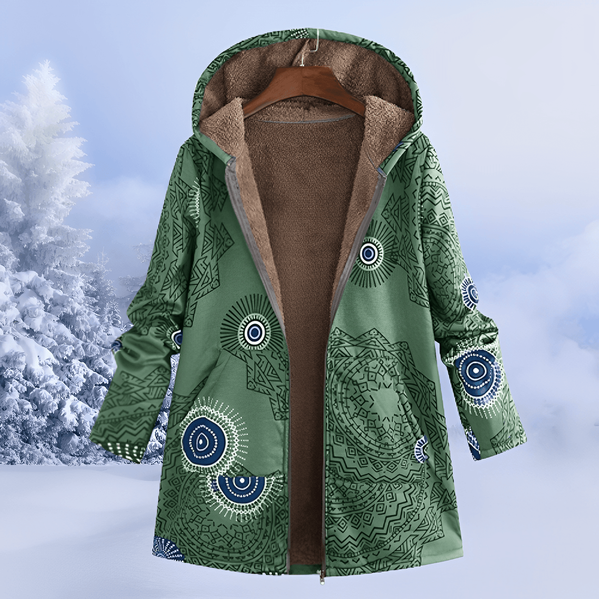 Margaret - Women's Hooded Floral Longline Jacket - Parkas Jacket - Green - Davies & Cooper