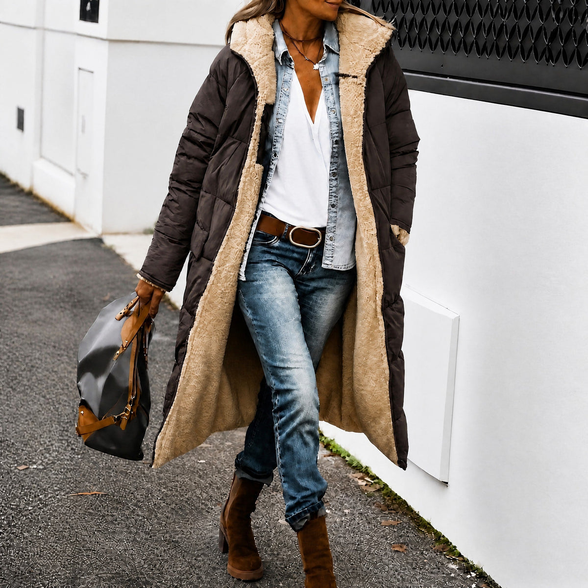 Margaret - Women's Longline Puffer Coat with Contrast Lining - Coats & Jackets - Brown - Davies & Cooper