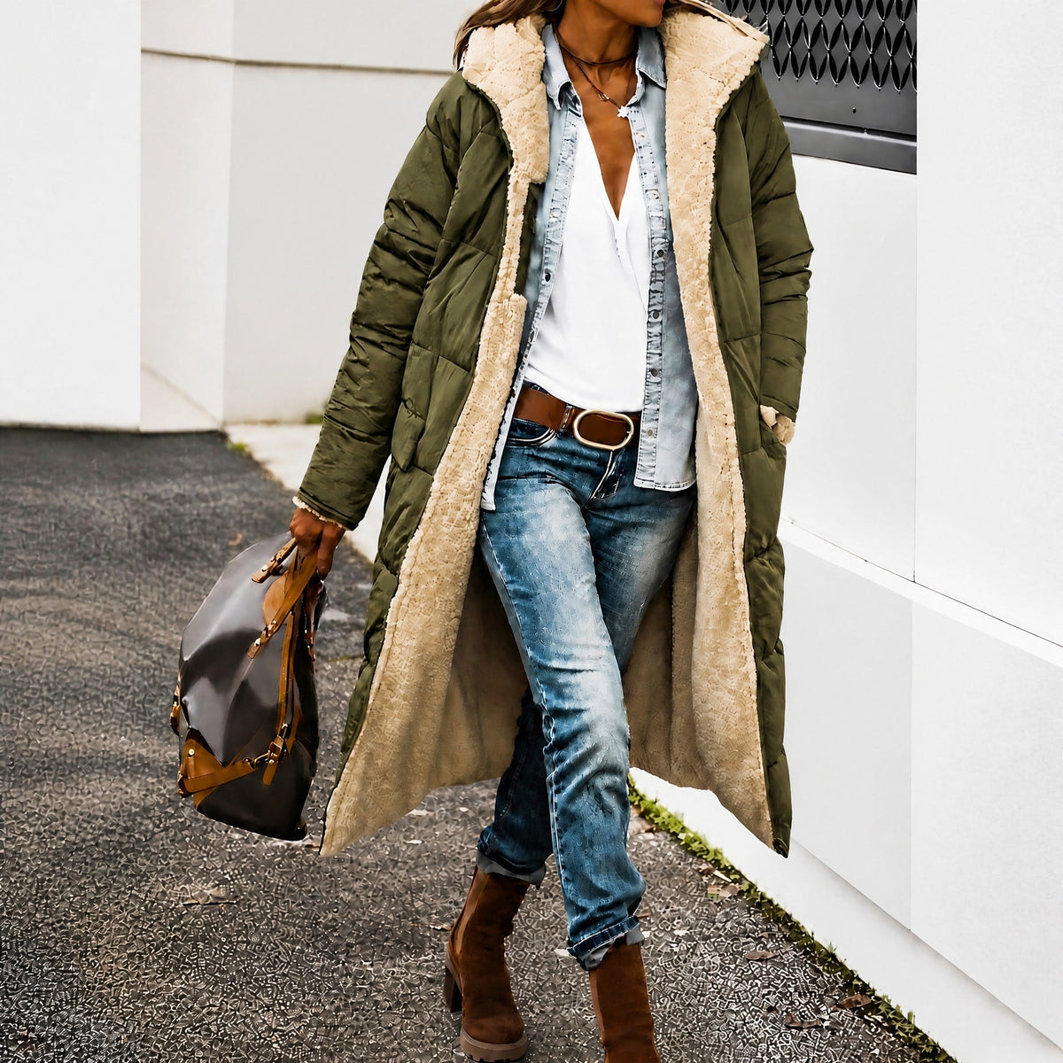 Margaret - Women's Longline Puffer Coat with Contrast Lining - Coats & Jackets - Army Green - Davies & Cooper