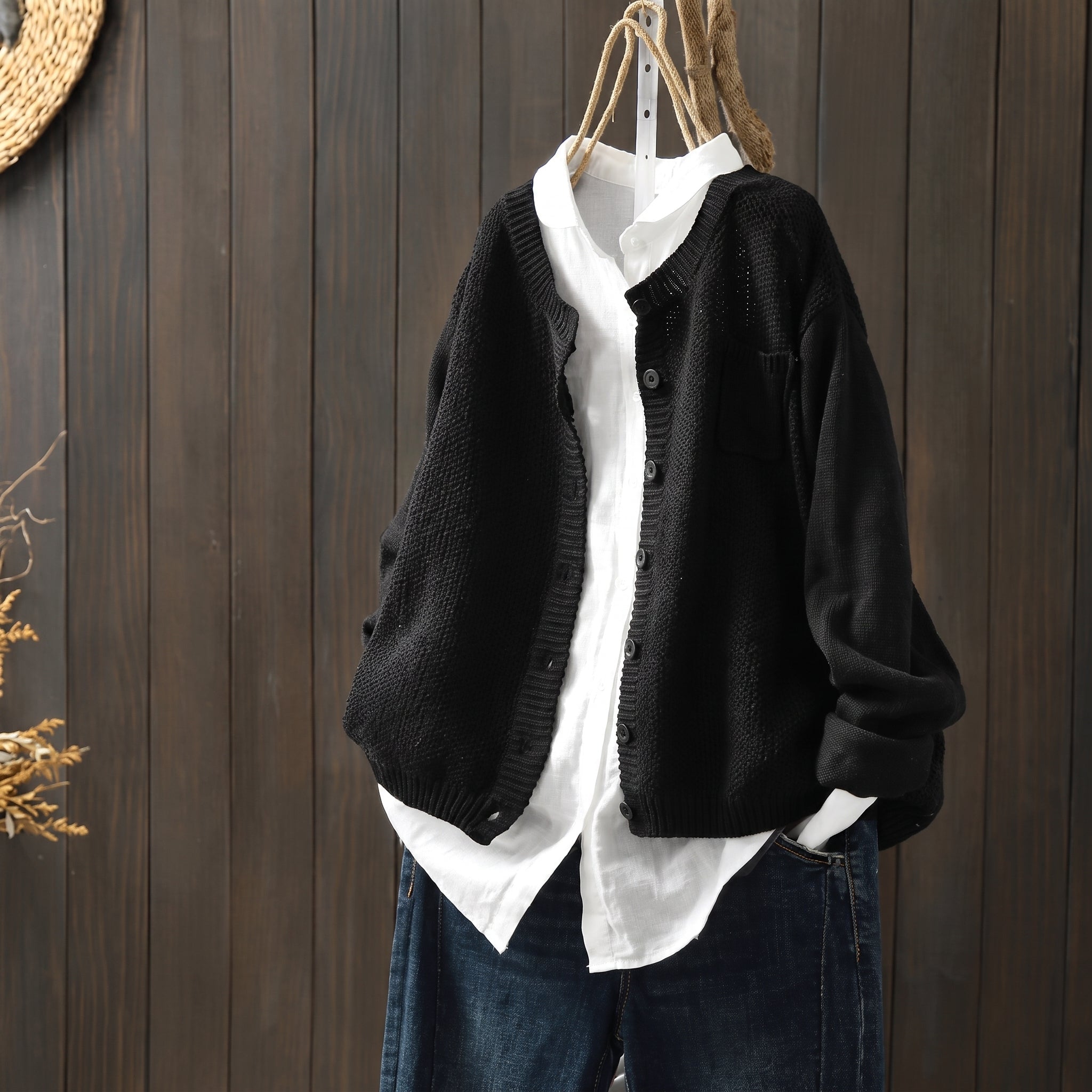 Margaret - Women's Oversized Chunky Knit Cardigan with Patch Pocket - Cardigans - Black - Davies & Cooper