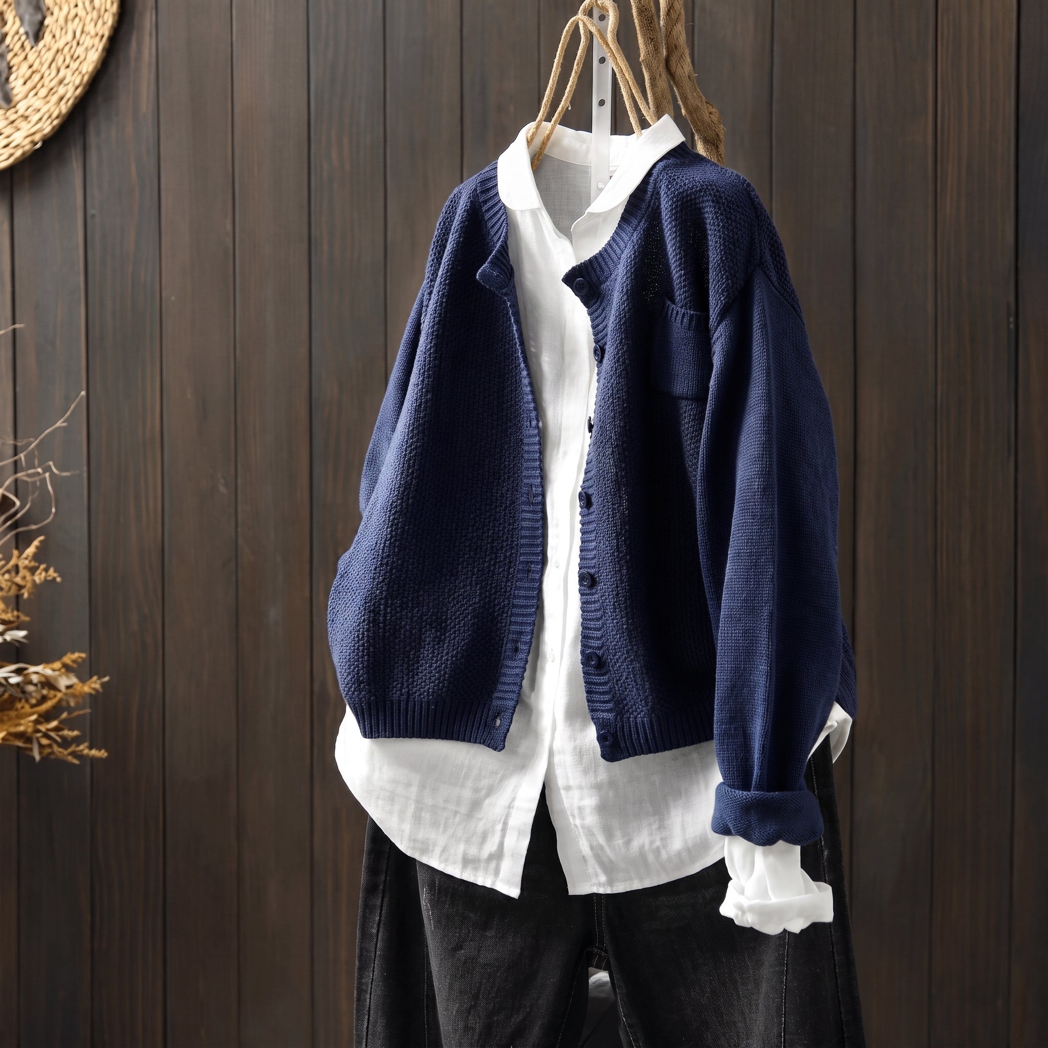 Margaret - Women's Oversized Chunky Knit Cardigan with Patch Pocket - Cardigans - Blue - Davies & Cooper