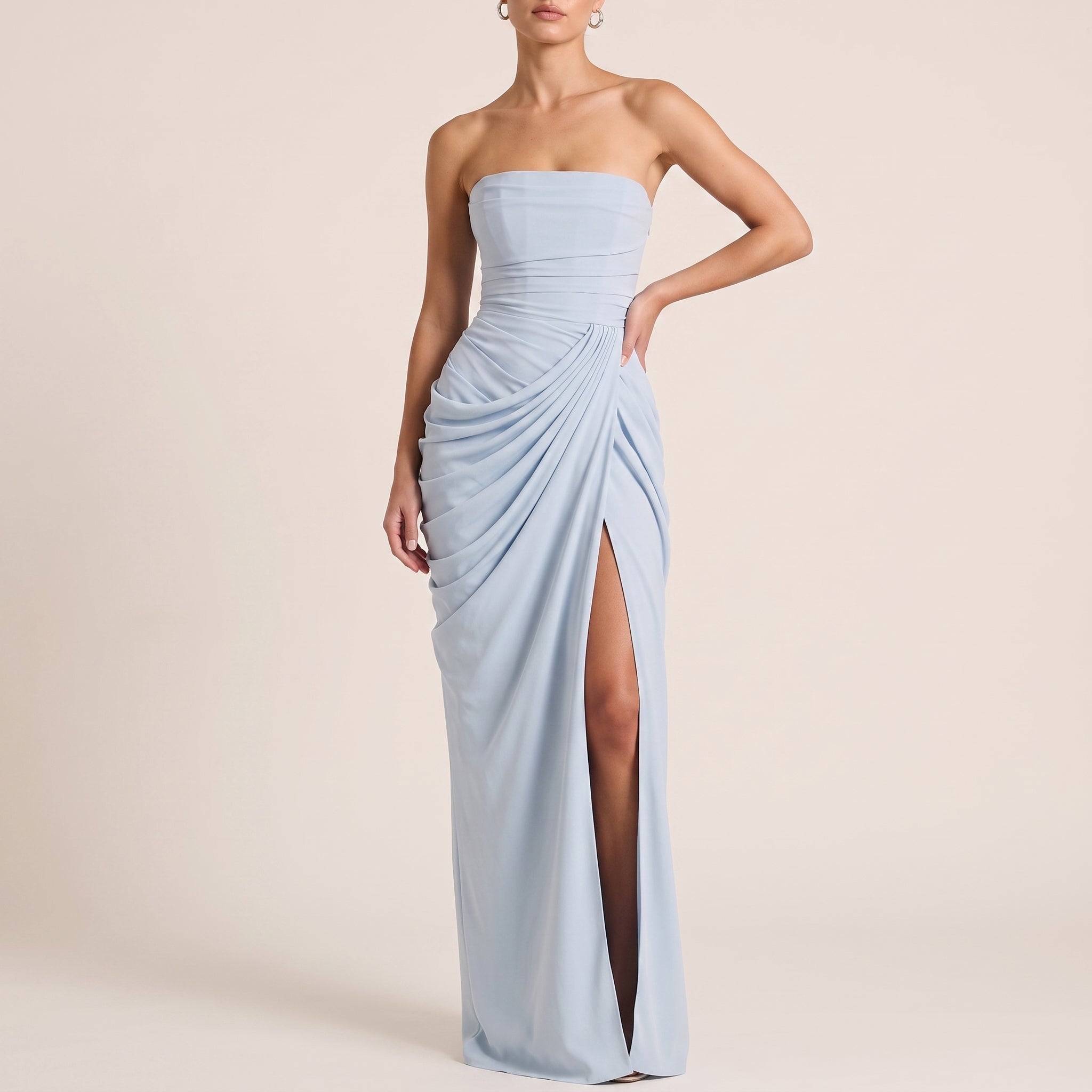 Margot - Women's Strapless Ruched Draped Bridesmaid Maxi Dress - Maxi Dress - Sky Blue - Davies & Cooper