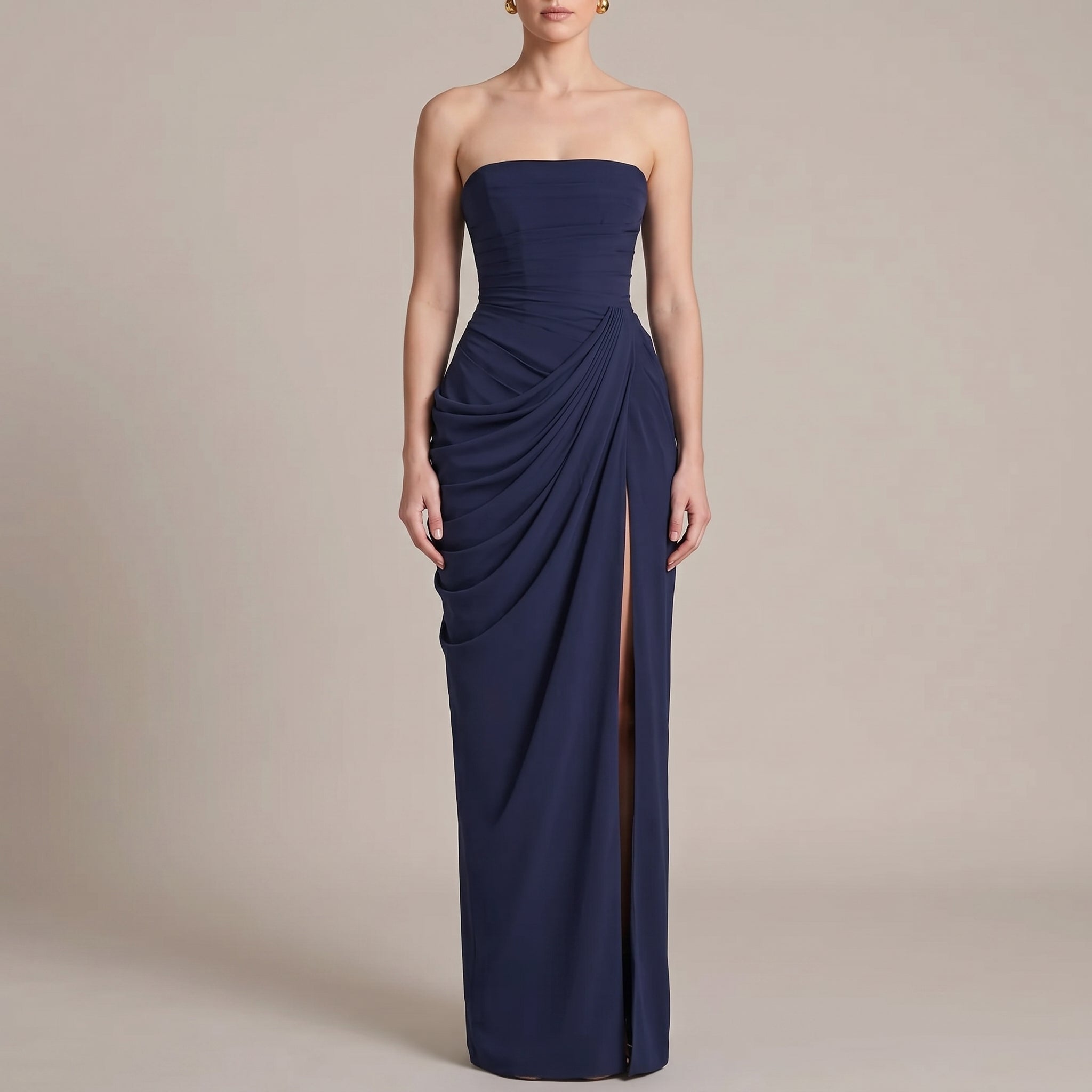 Margot - Women's Strapless Ruched Draped Bridesmaid Maxi Dress - Maxi Dress - Navy Blue - Davies & Cooper