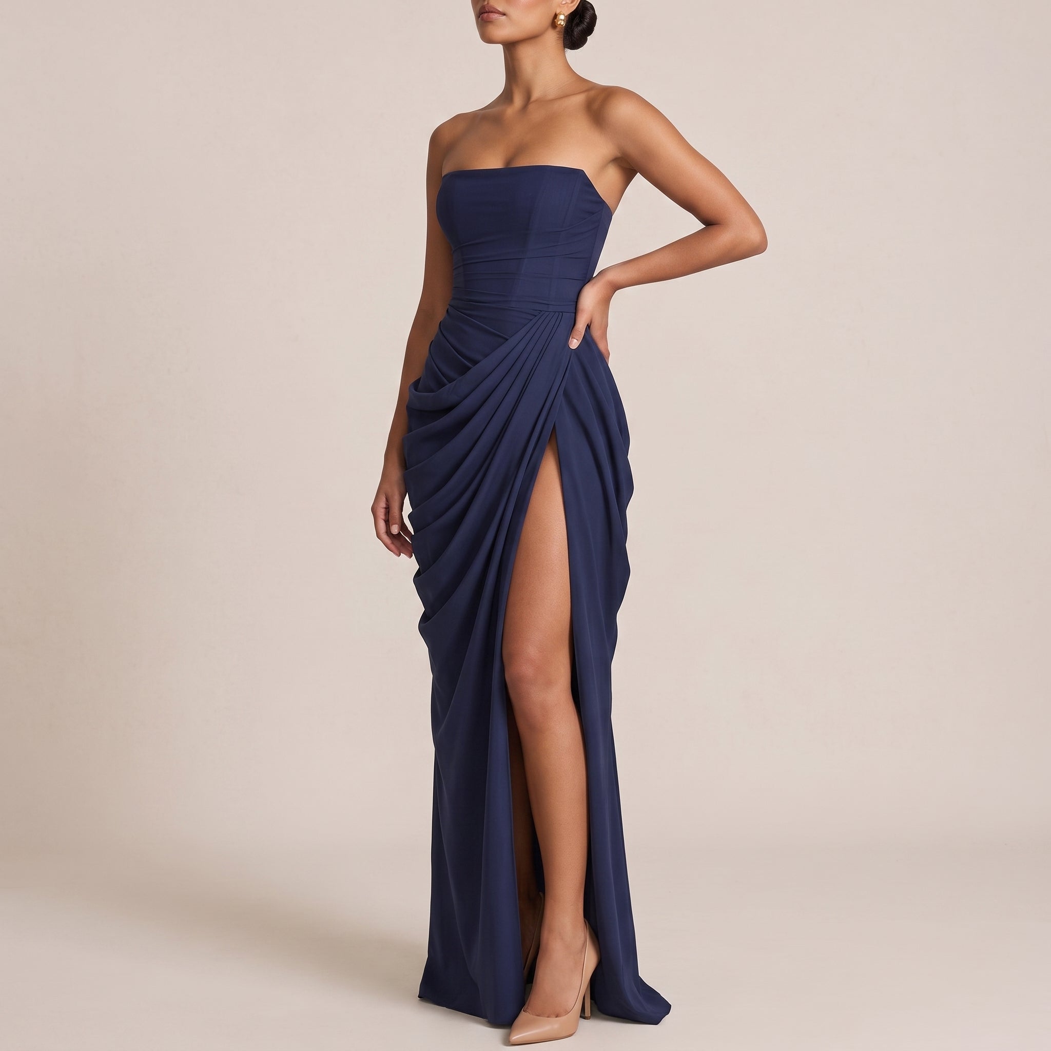 Margot - Women's Strapless Ruched Draped Bridesmaid Maxi Dress - Maxi Dress - Navy Blue - Davies & Cooper