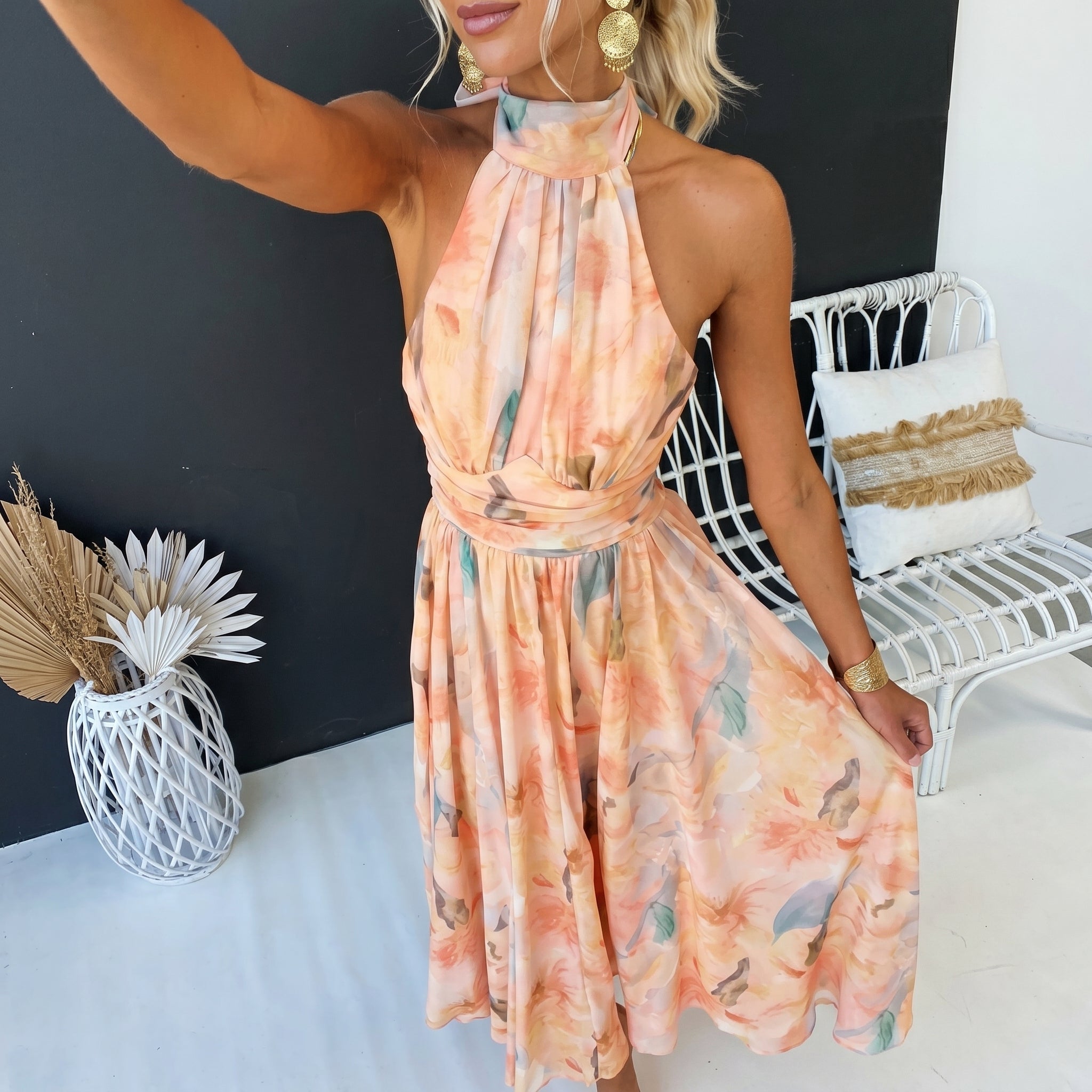Margot - Women's Wedding Guest Floral Halterneck Midi Dress - Dresses - Peach - Davies & Cooper