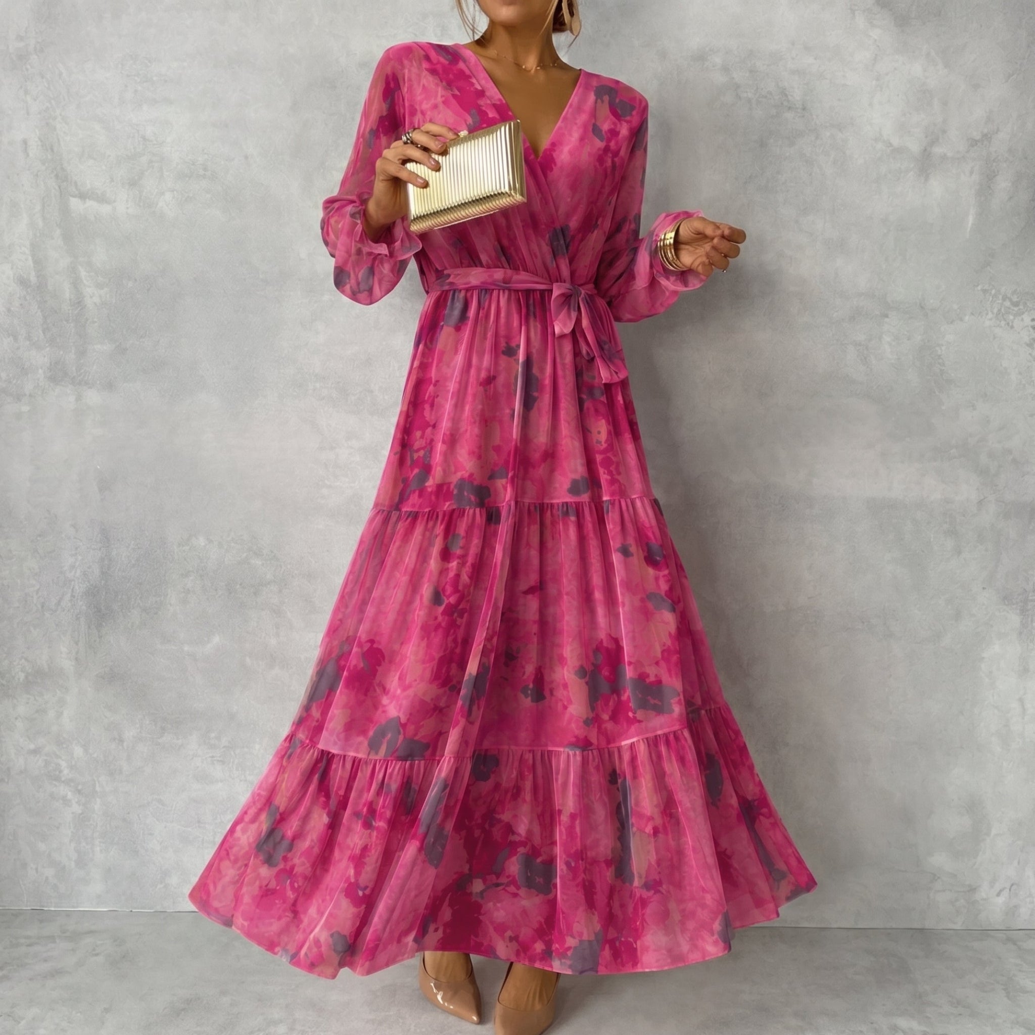 Margot - Women's Wedding Guest Long Sleeve Tiered Maxi Dress - Dresses - Rose Red - Davies & Cooper