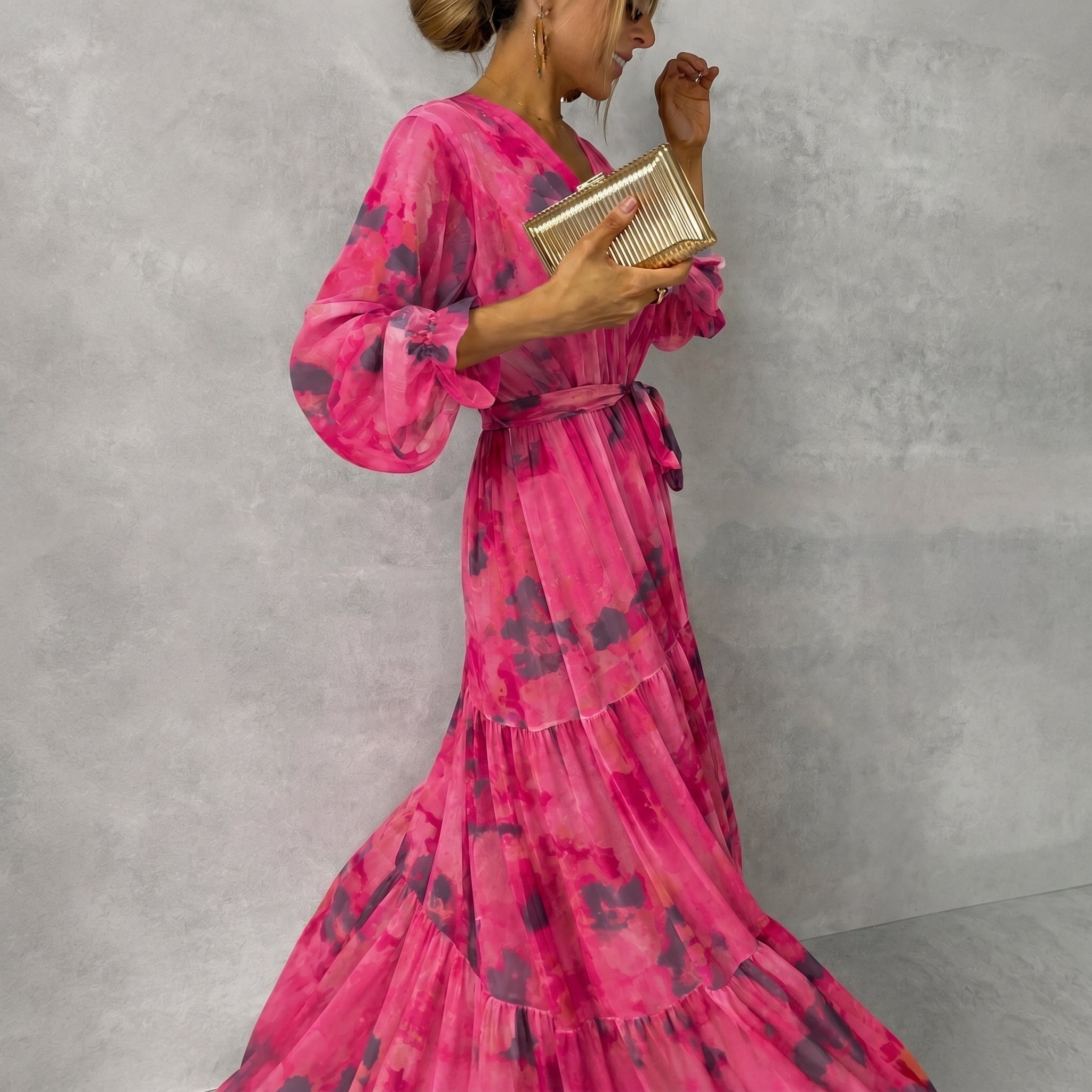 Margot - Women's Wedding Guest Long Sleeve Tiered Maxi Dress - Dresses - Rose Red - Davies & Cooper