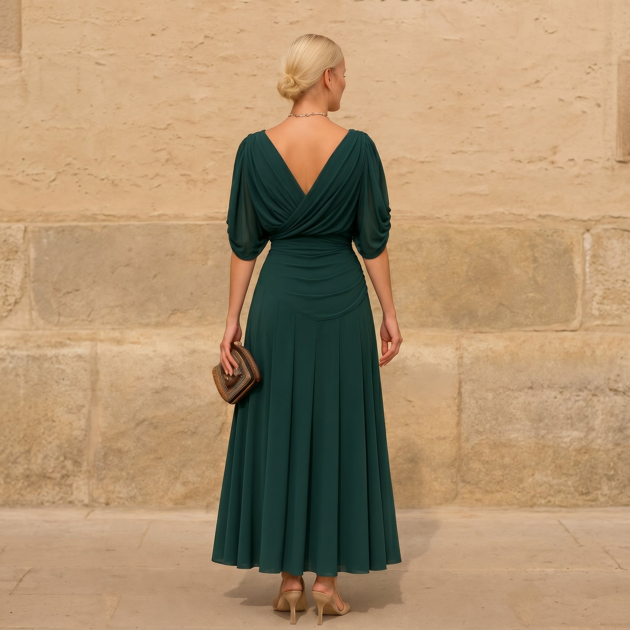 Margot - Women's Wedding Guest Vintage Floral Ruched Midi Dress - Dresses - Dark Green - Davies & Cooper