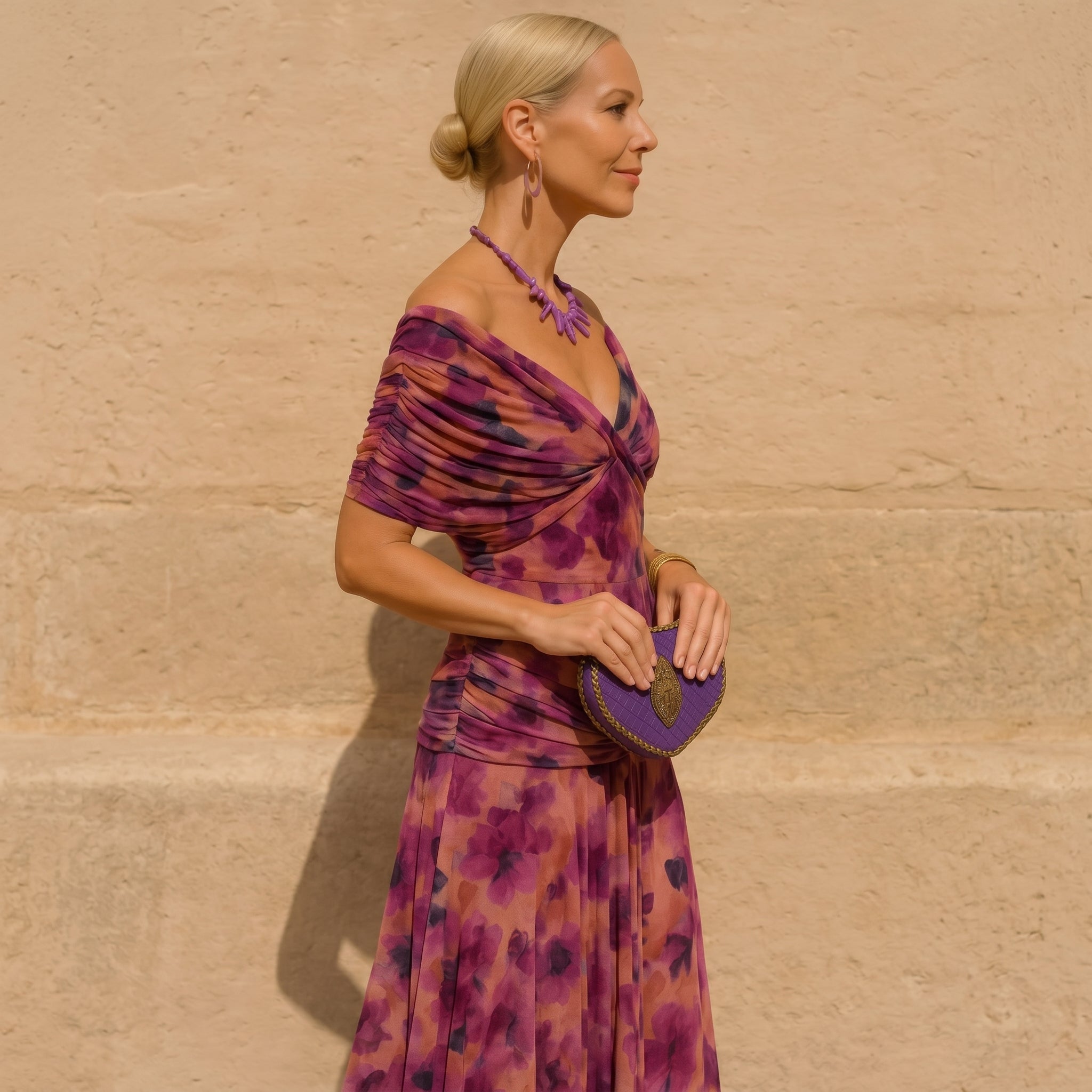 Margot - Women's Wedding Guest Vintage Floral Ruched Midi Dress - Dresses - Purple - Davies & Cooper