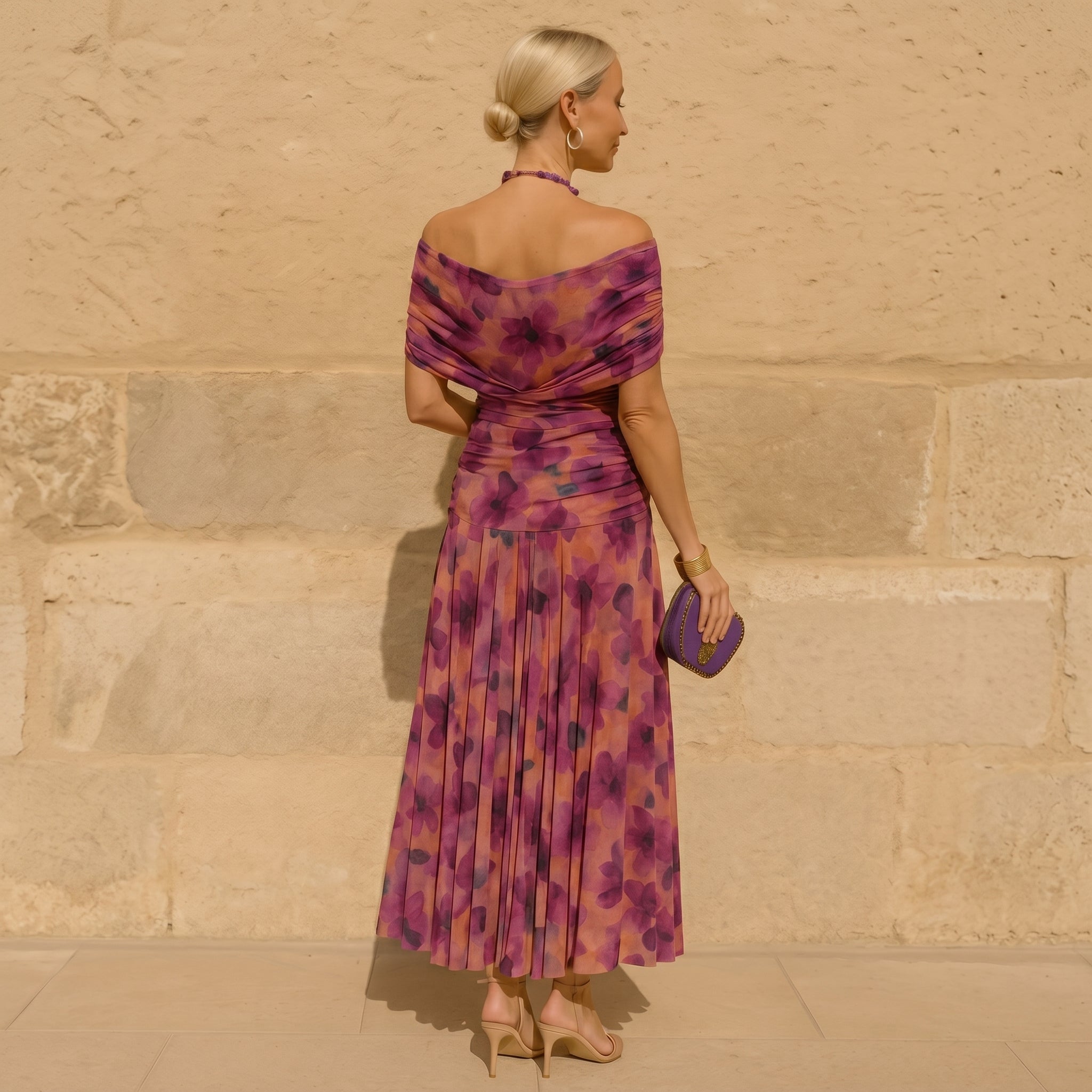 Margot - Women's Wedding Guest Vintage Floral Ruched Midi Dress - Dresses - Purple - Davies & Cooper