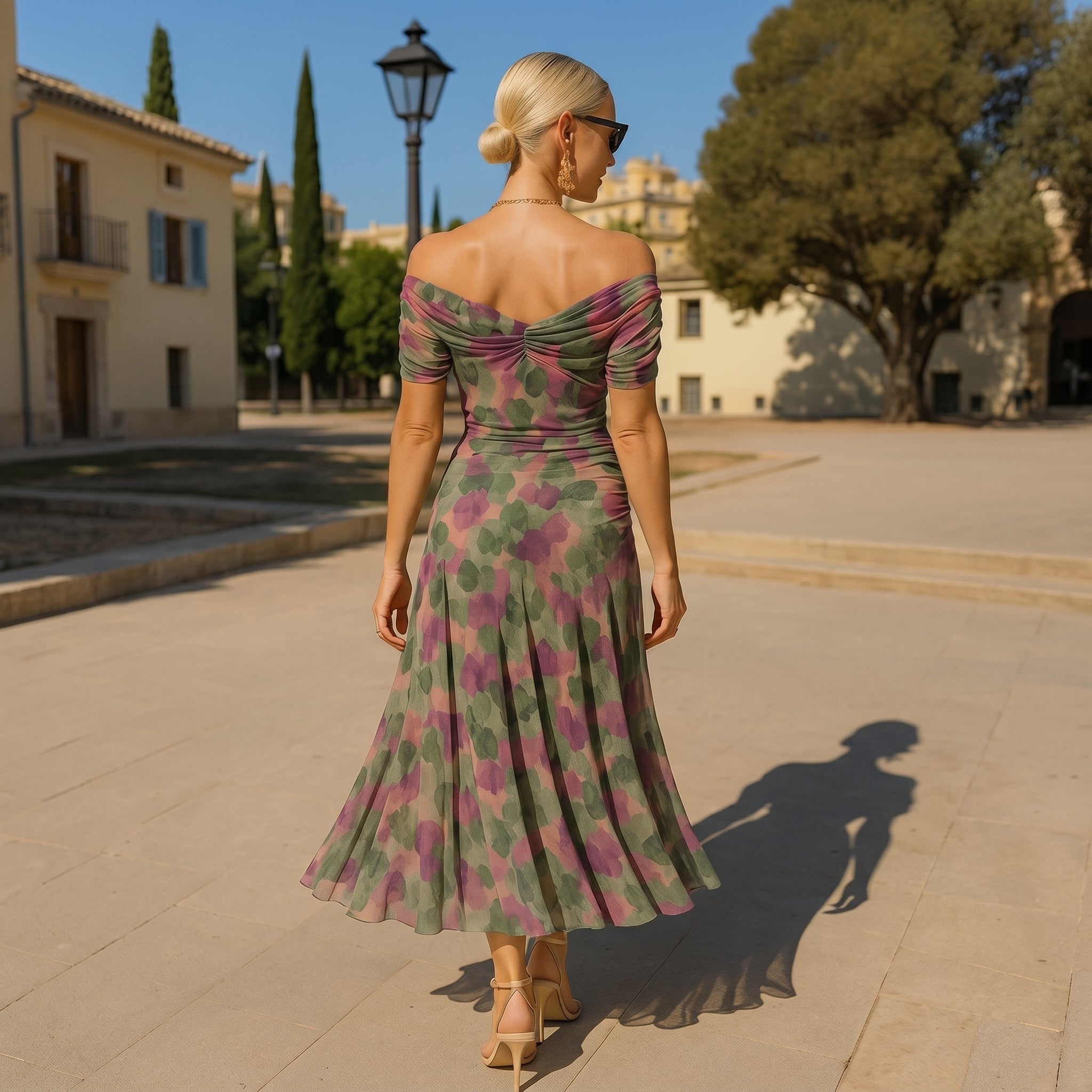 Margot - Women's Wedding Guest Vintage Floral Ruched Midi Dress - Dresses - Green - Davies & Cooper