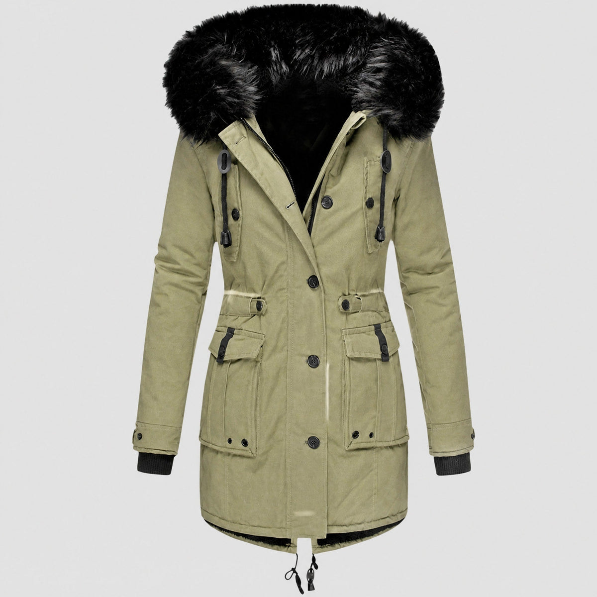 Maria - Women's Hooded Faux Fur Trim Belted Waist Parka Jacket - Coats & Jackets - Green - Davies & Cooper