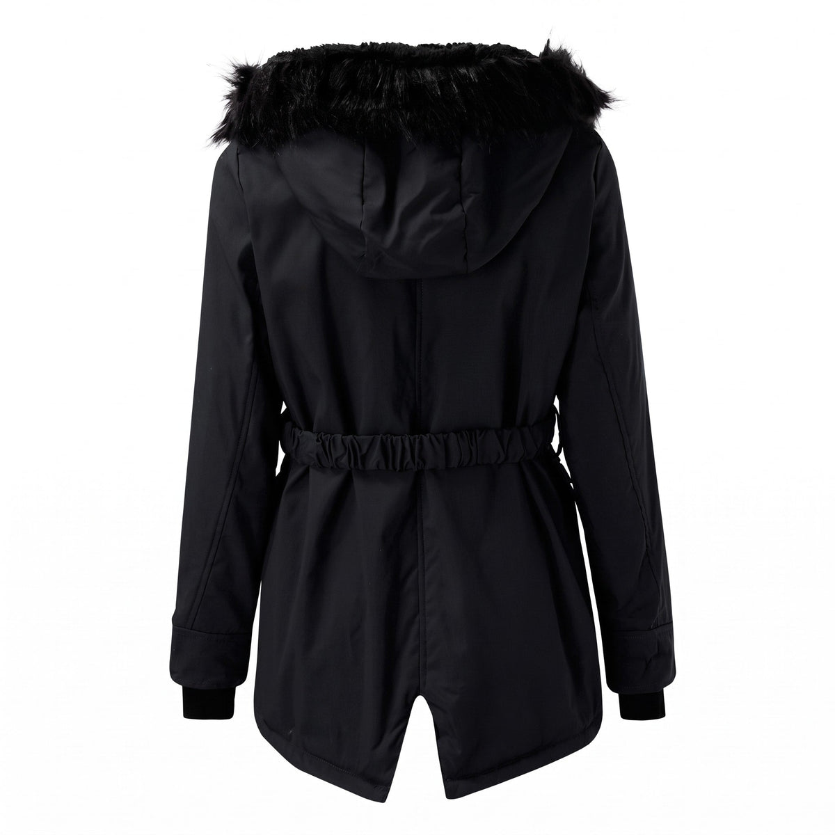 Maria - Women's Hooded Faux Fur Trim Belted Waist Parka Jacket - Coats & Jackets - Black - Davies & Cooper