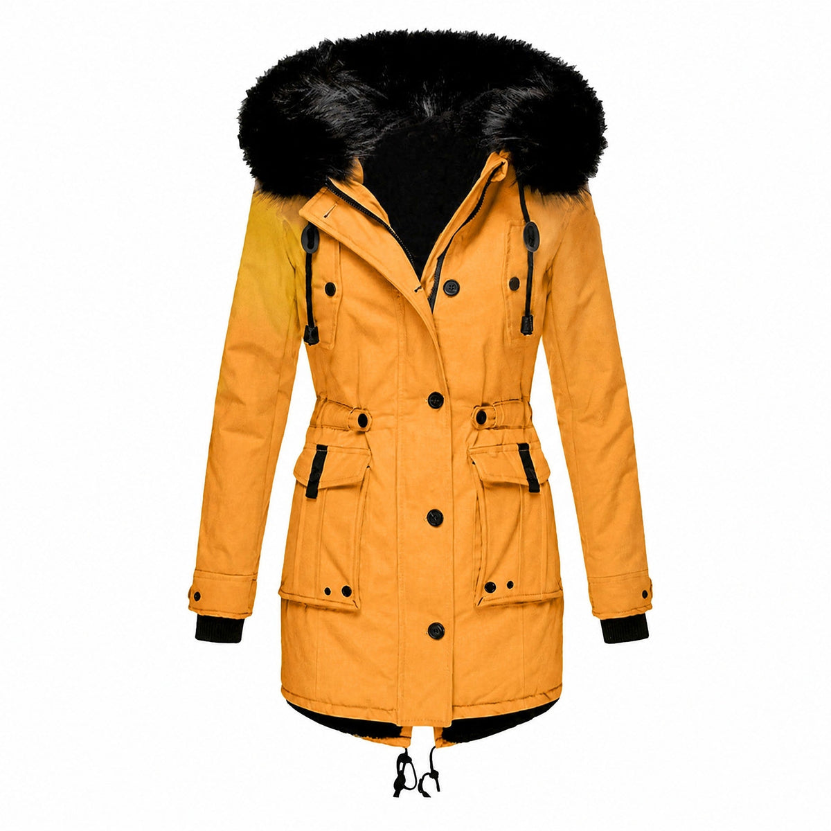 Maria - Women's Hooded Faux Fur Trim Belted Waist Parka Jacket - Coats & Jackets - Gold - Davies & Cooper