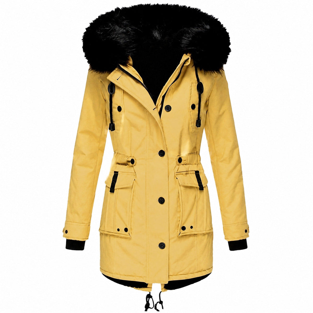 Maria - Women's Hooded Faux Fur Trim Belted Waist Parka Jacket - Coats & Jackets - Yellow - Davies & Cooper