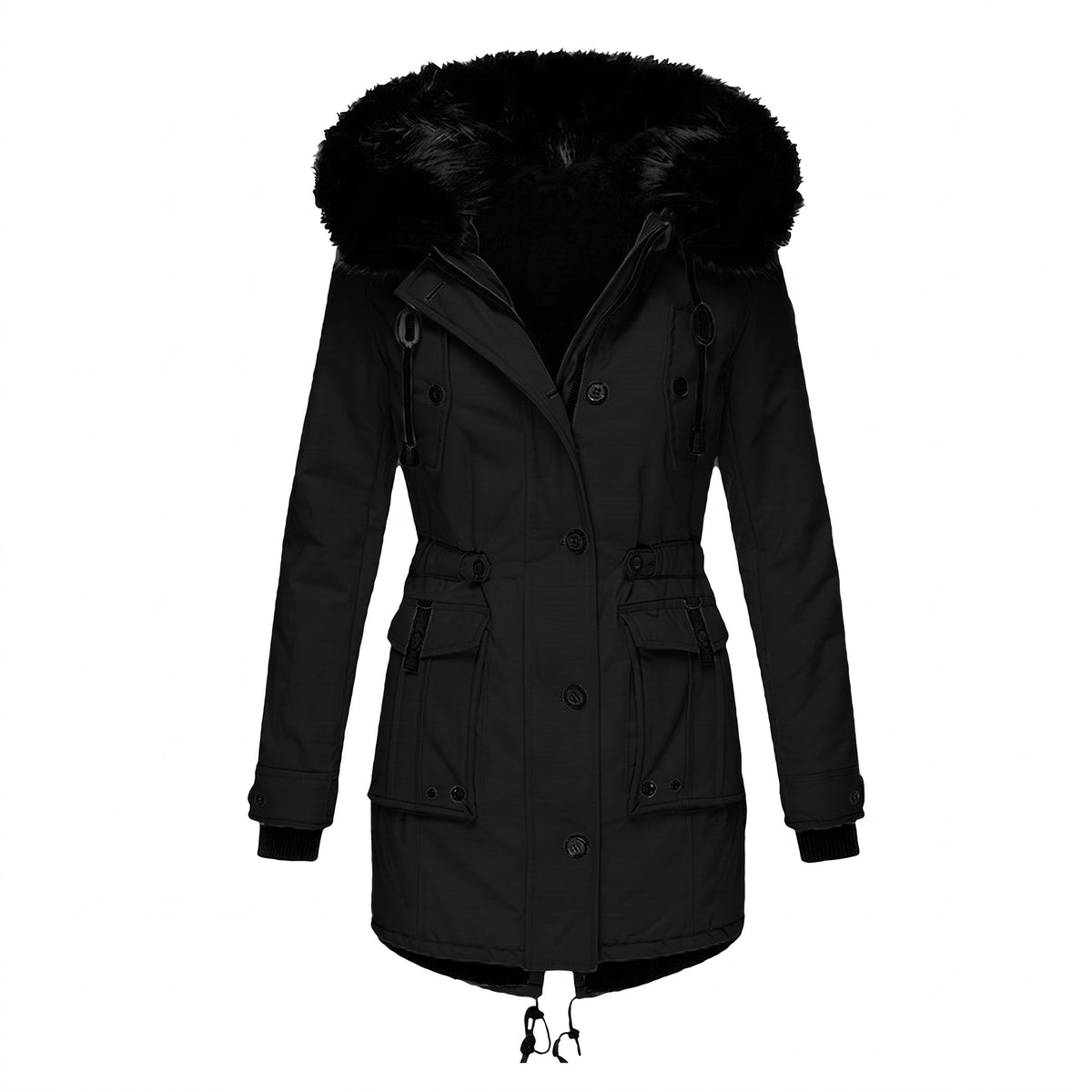 Maria - Women's Hooded Faux Fur Trim Belted Waist Parka Jacket - Coats & Jackets - Black - Davies & Cooper