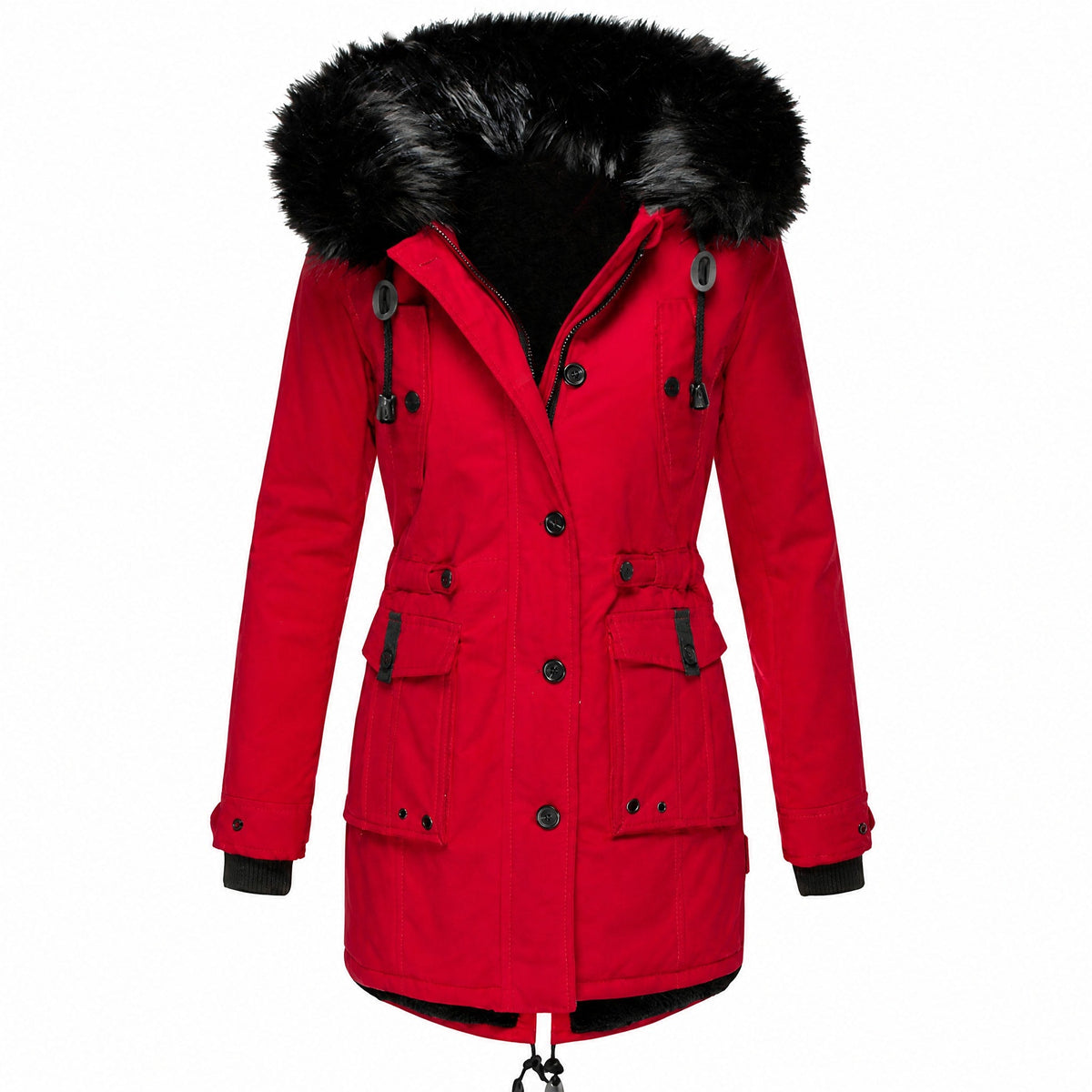 Maria - Women's Hooded Faux Fur Trim Belted Waist Parka Jacket - Coats & Jackets - Red - Davies & Cooper