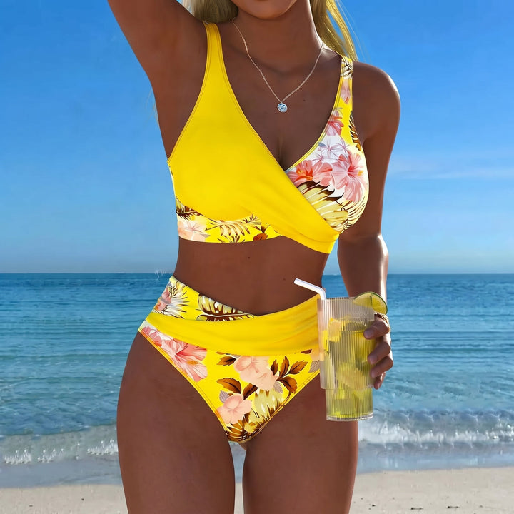 Maya - Women's Floral Wrap High Waisted Bikini Set - Split Bikini - Yellow - Davies & Cooper