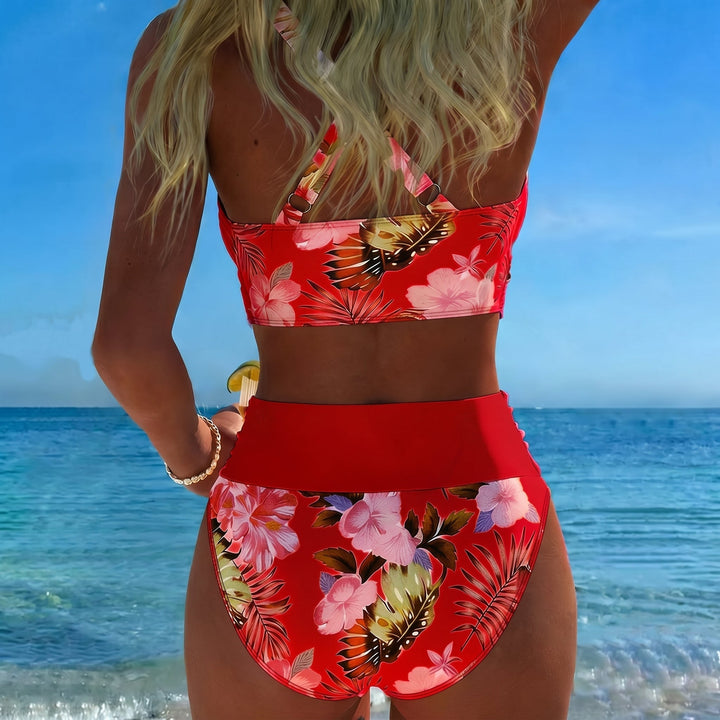 Maya - Women's Floral Wrap High Waisted Bikini Set - Split Bikini - Red - Davies & Cooper
